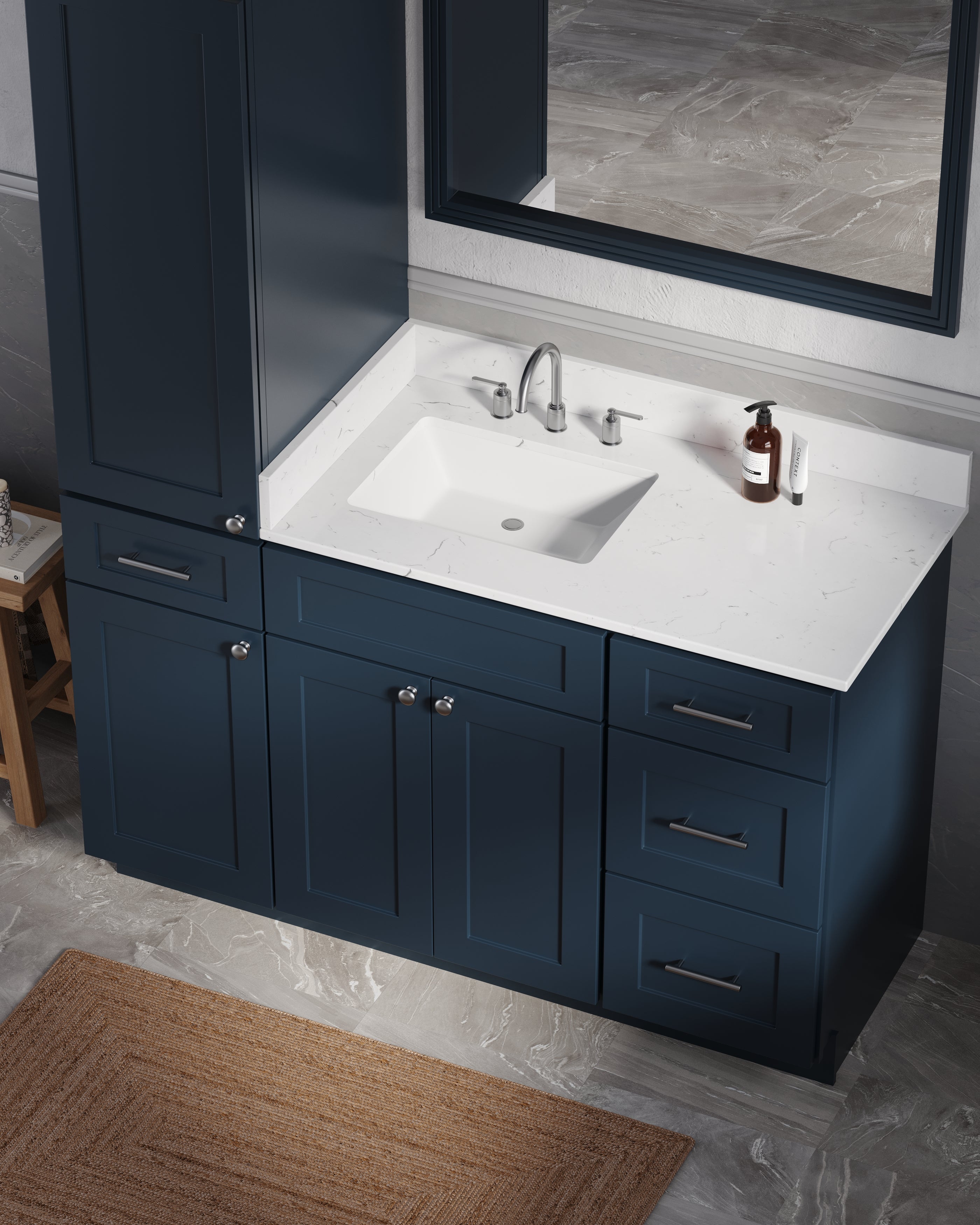 Disar 54' Single Bathroom Vanity With Left Linen Tall Cabinet Dovetail Solid Wood Drawer Carrara Quartz Top