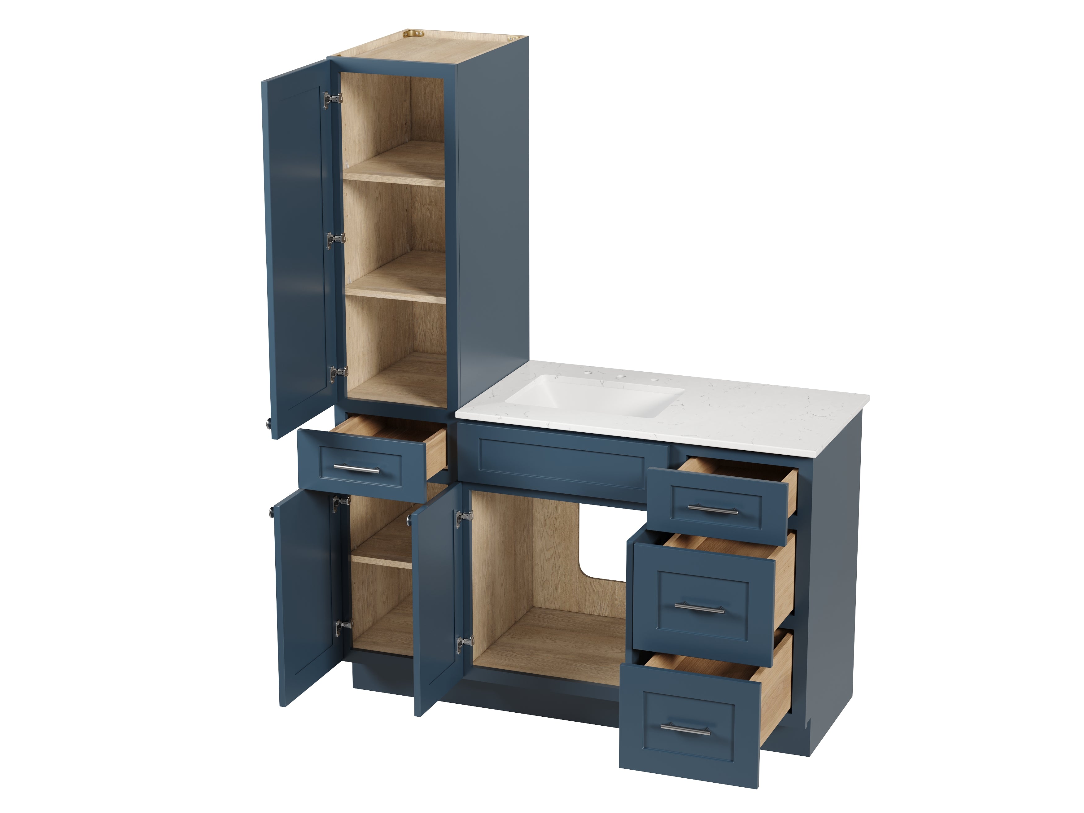 Disar 54' Single Bathroom Vanity With Left Linen Tall Cabinet Dovetail Solid Wood Drawer Carrara Quartz Top