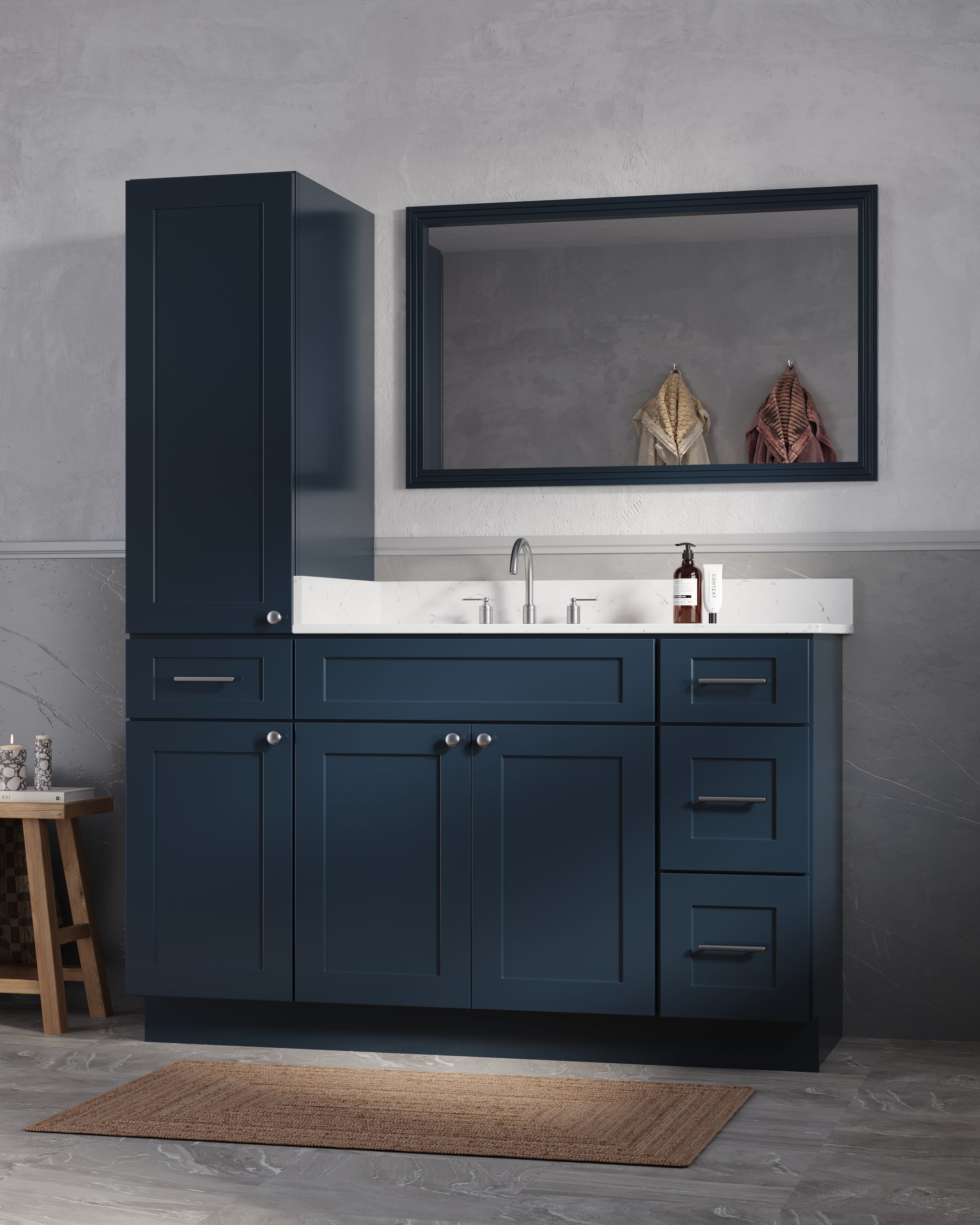 Disar 57" Single Bathroom Vanity With Left Linen Tall Cabinet Dovetail Solid Wood Drawer Carrara Quartz Top
