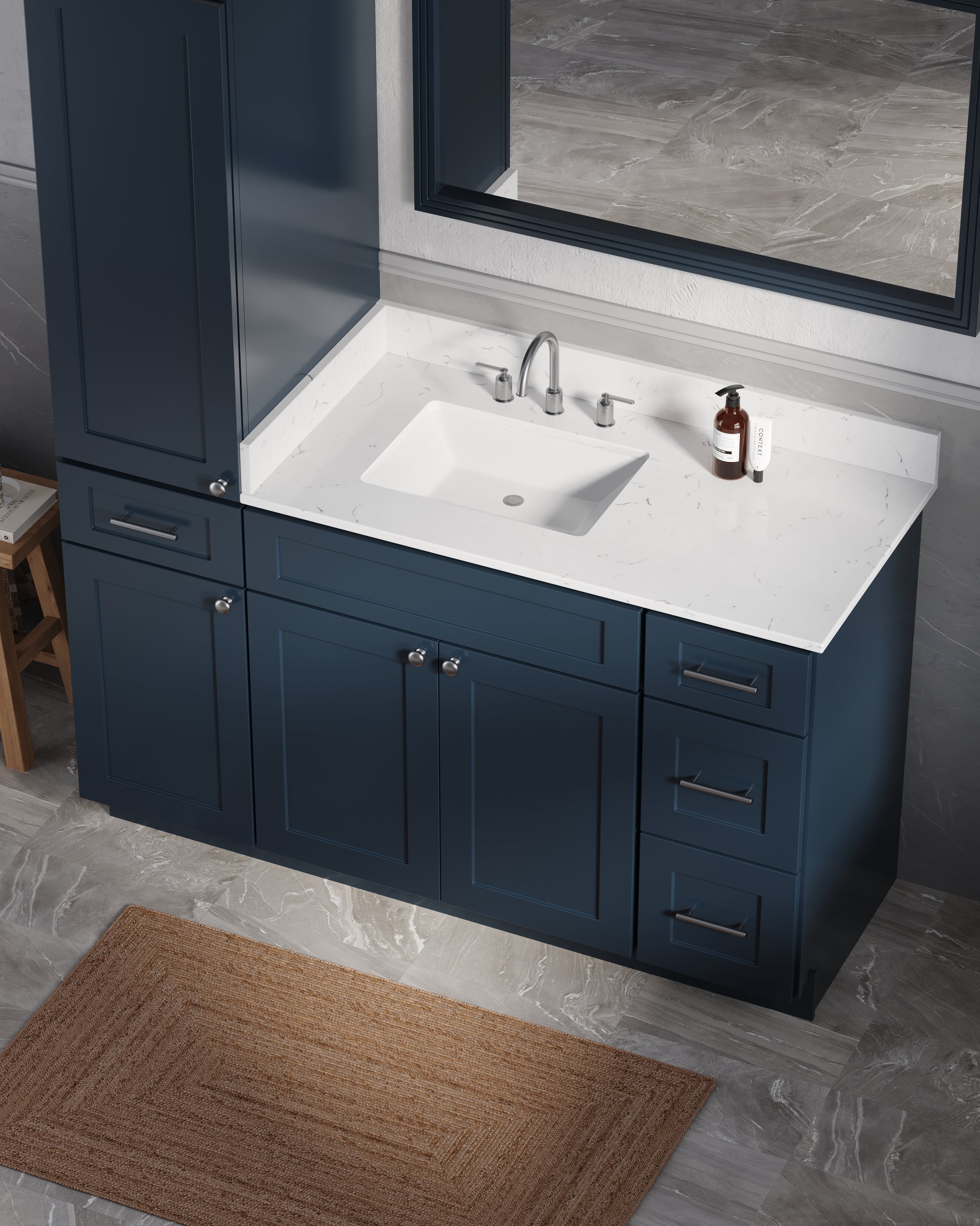 Disar 57" Single Bathroom Vanity With Left Linen Tall Cabinet Dovetail Solid Wood Drawer Carrara Quartz Top