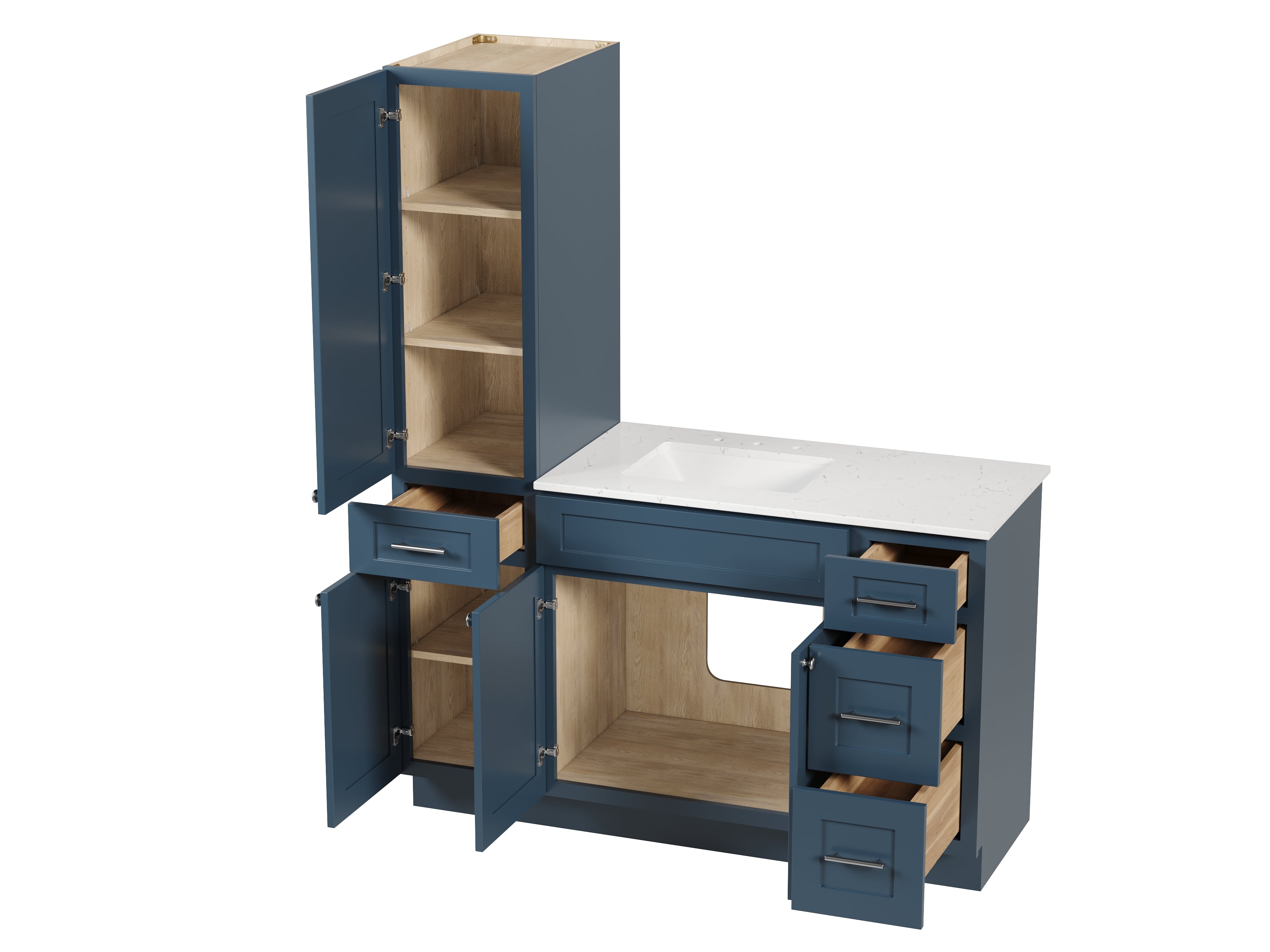 Disar 57" Single Bathroom Vanity With Left Linen Tall Cabinet Dovetail Solid Wood Drawer Carrara Quartz Top