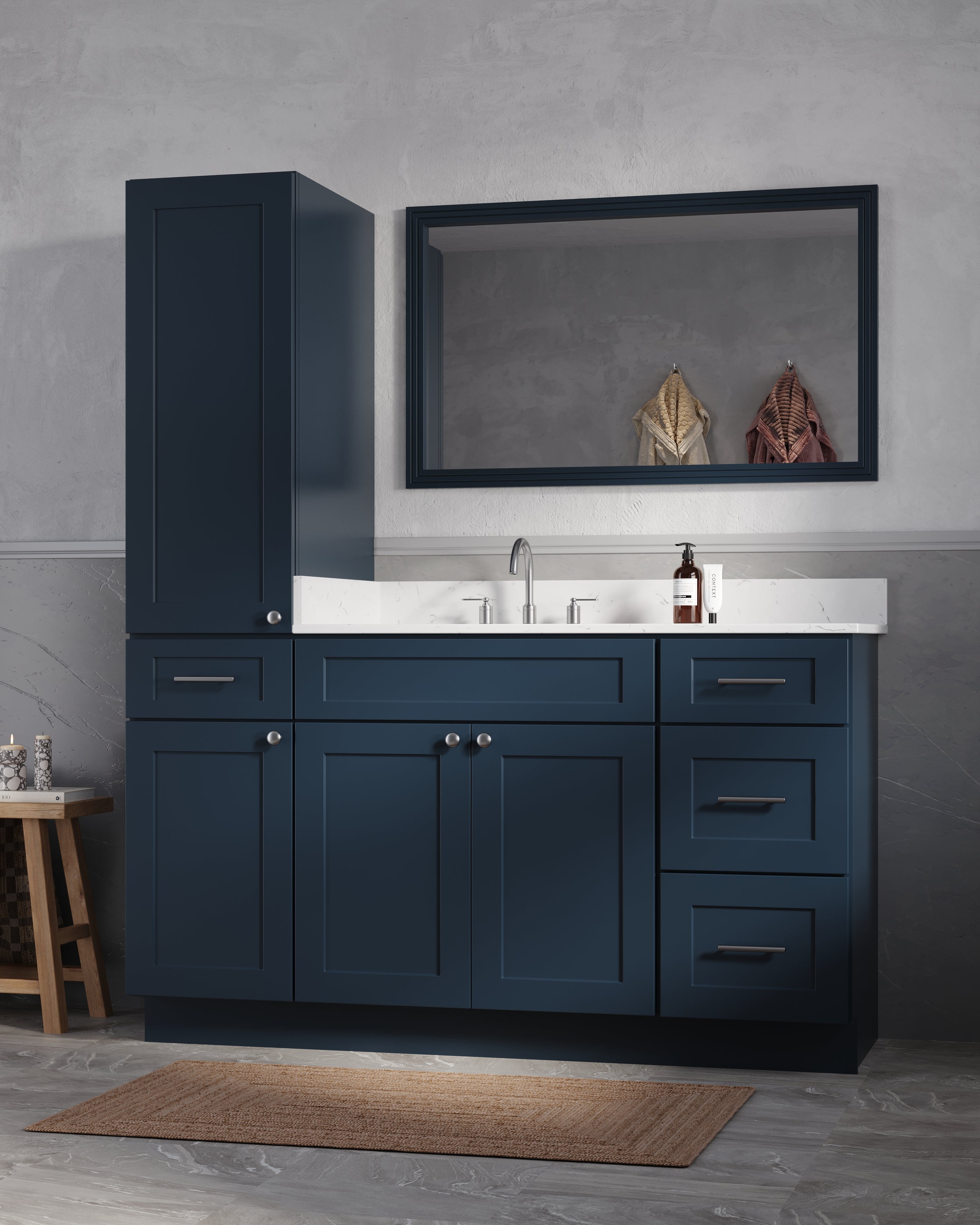 Disar 60' Single Bathroom Vanity With Left Linen Tall Cabinet Dovetail Solid Wood Drawer Carrara Quartz Top