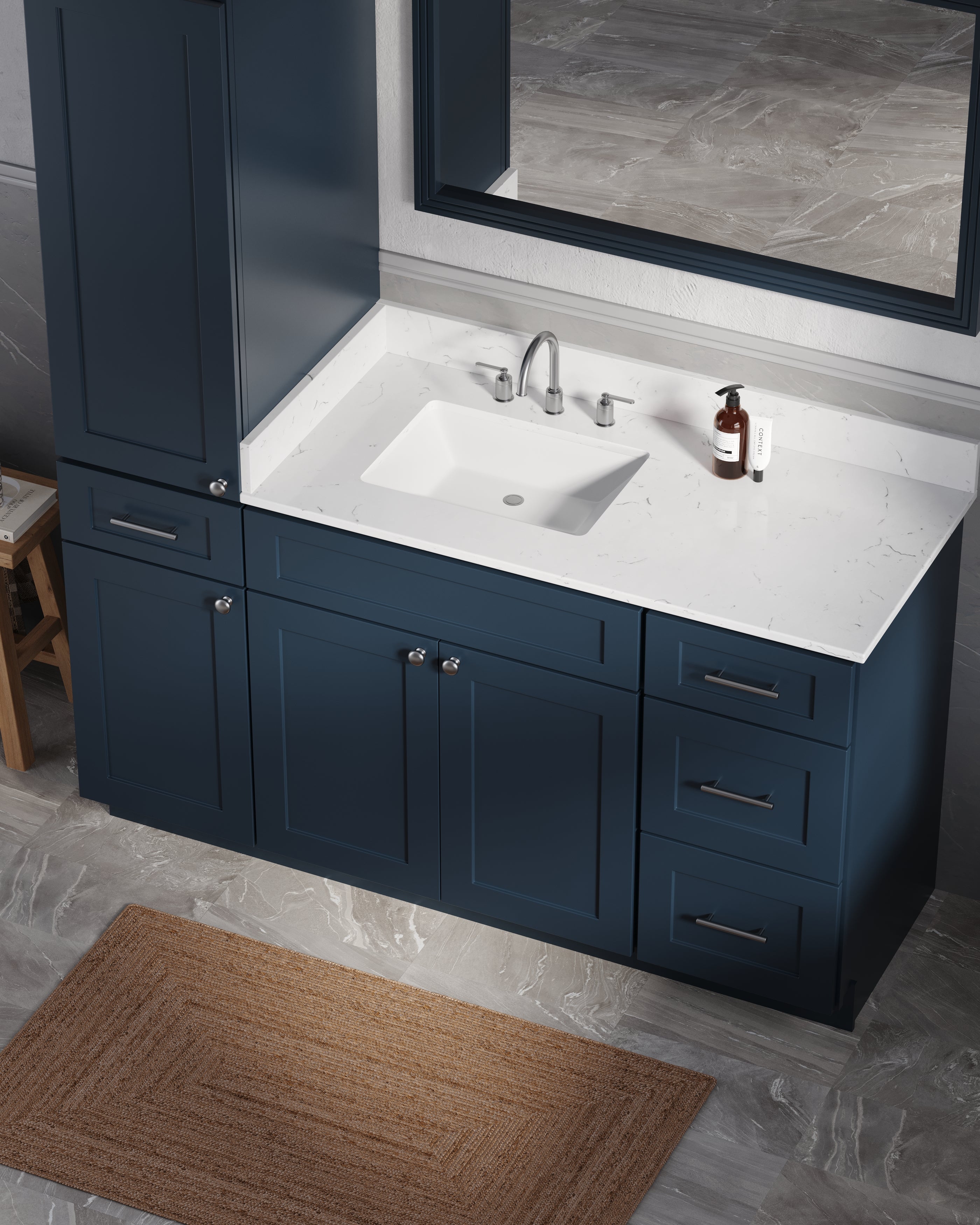 Disar 60' Single Bathroom Vanity With Left Linen Tall Cabinet Dovetail Solid Wood Drawer Carrara Quartz Top