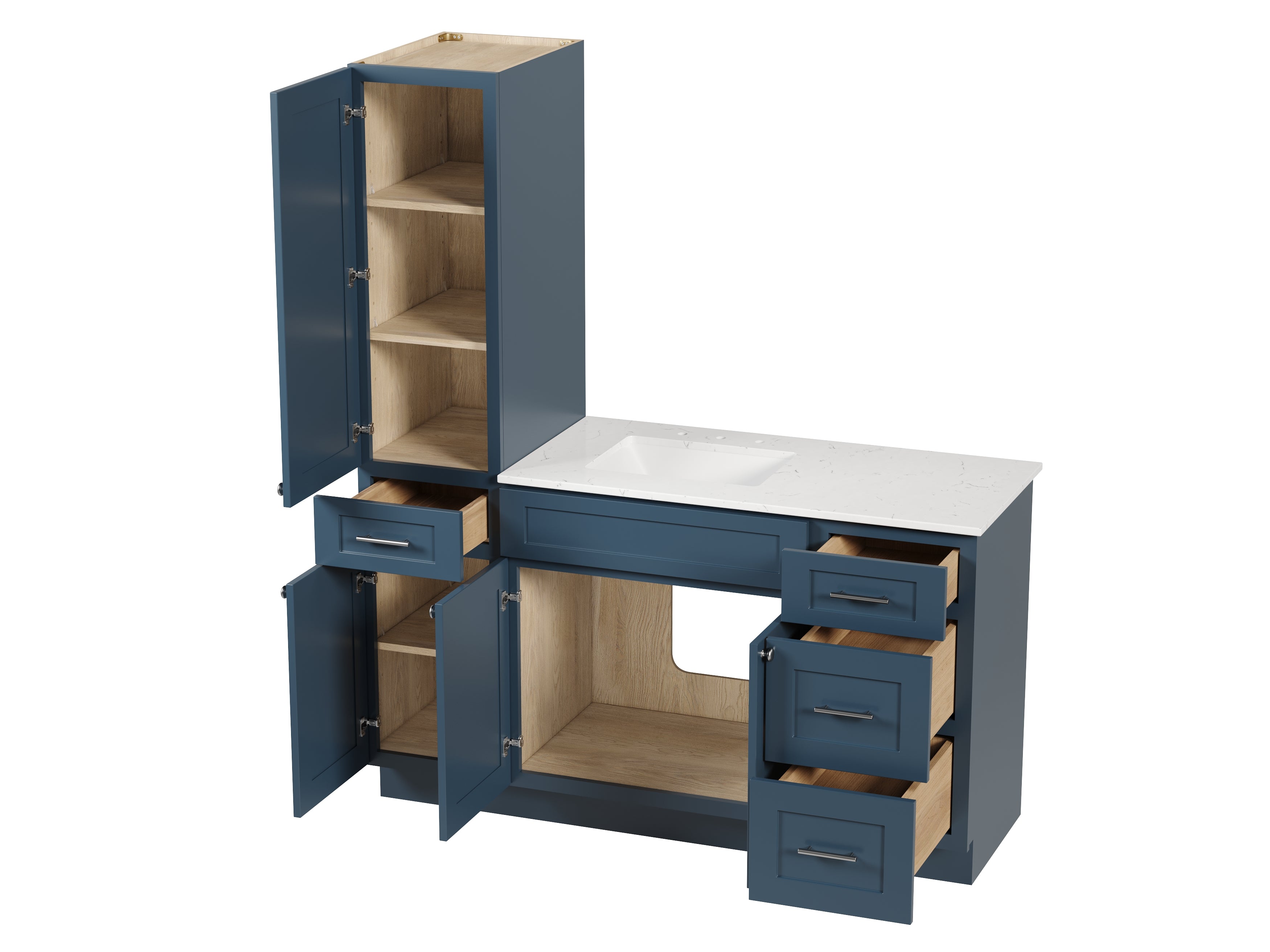 Disar 60' Single Bathroom Vanity With Left Linen Tall Cabinet Dovetail Solid Wood Drawer Carrara Quartz Top