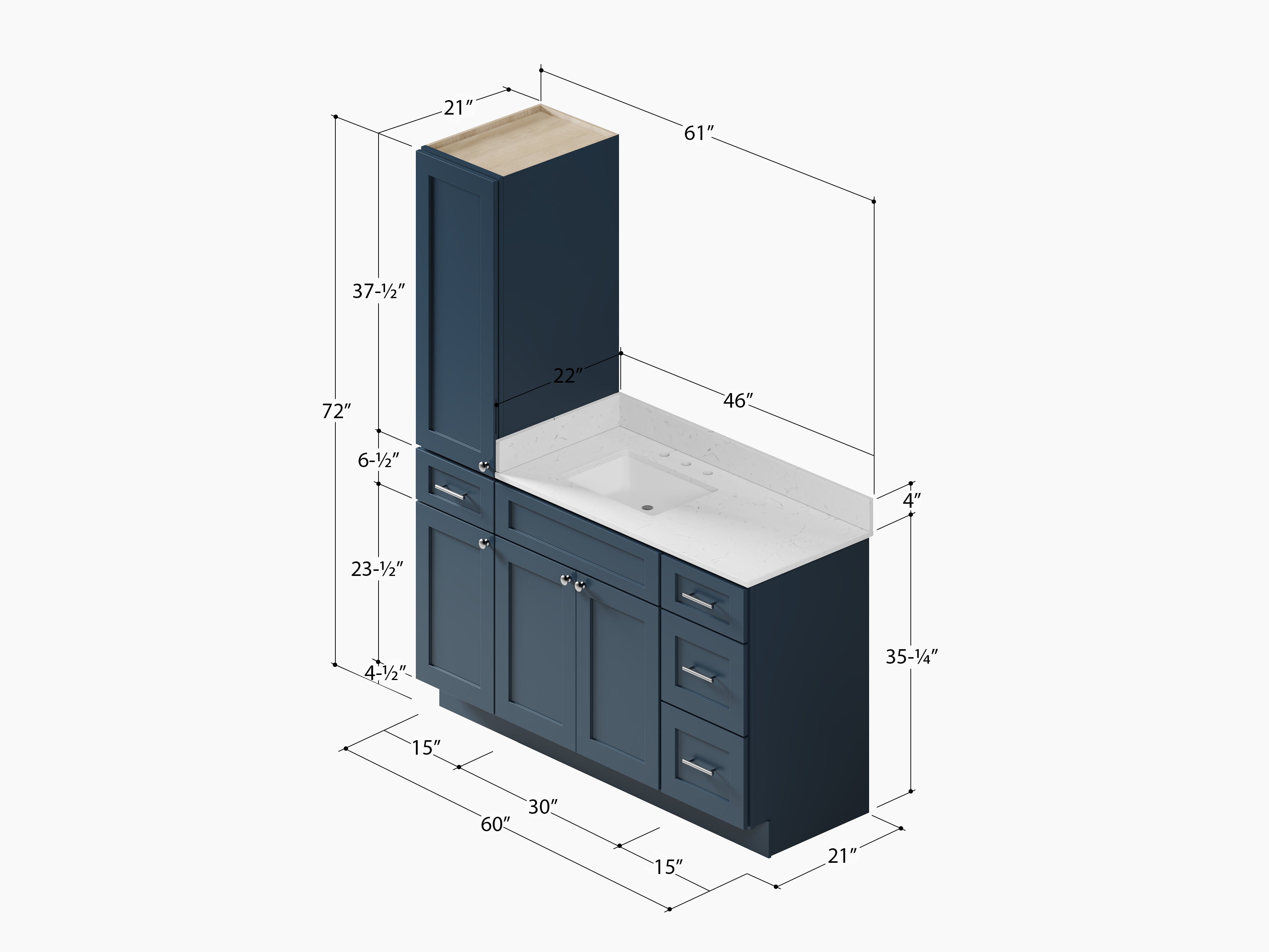 Disar 60' Single Bathroom Vanity With Left Linen Tall Cabinet Dovetail Solid Wood Drawer Carrara Quartz Top