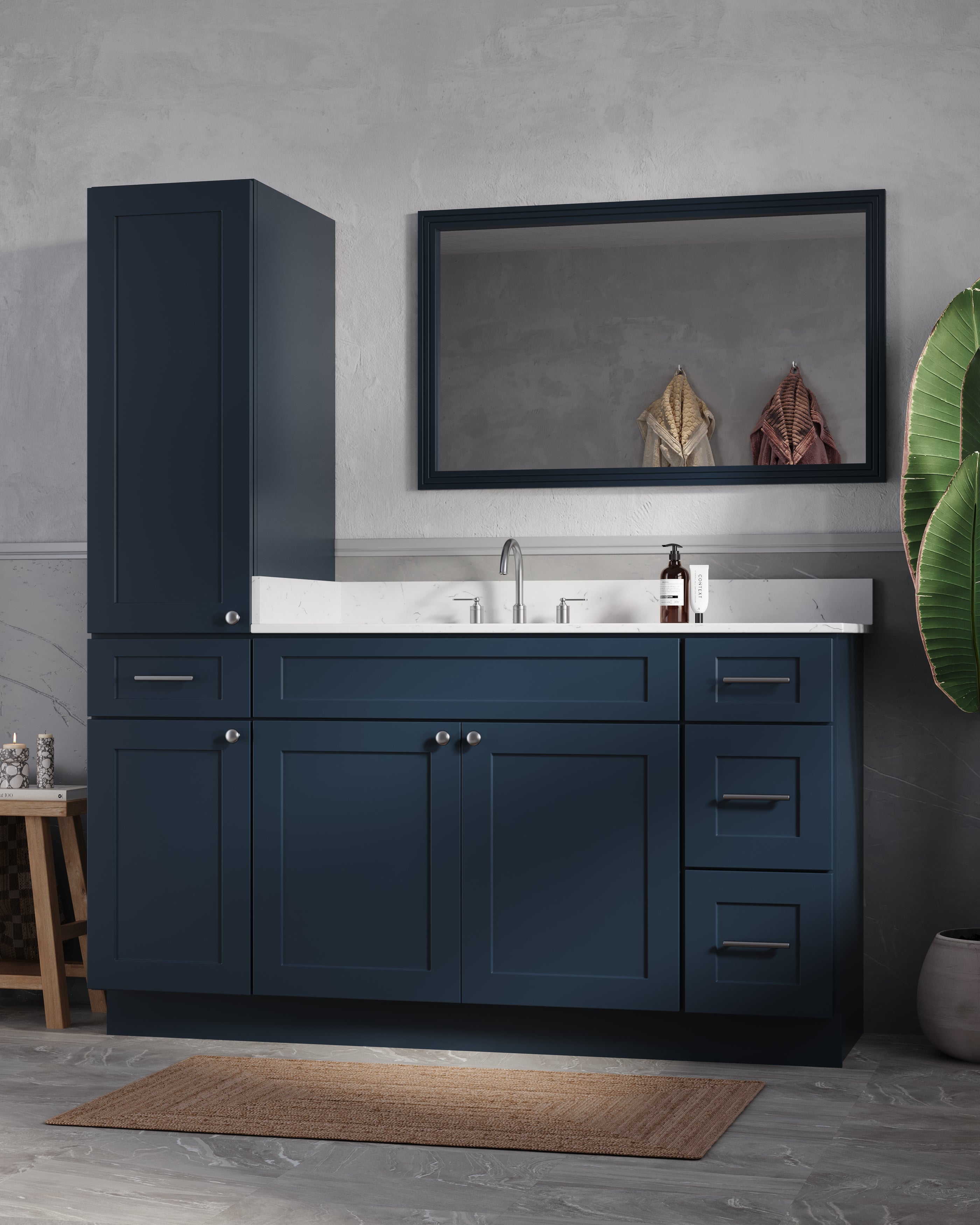 Disar 63'' Single Bathroom Vanity With Left Linen Tall Cabinet Dovetail Solid Wood Drawer Carrara Quartz Top