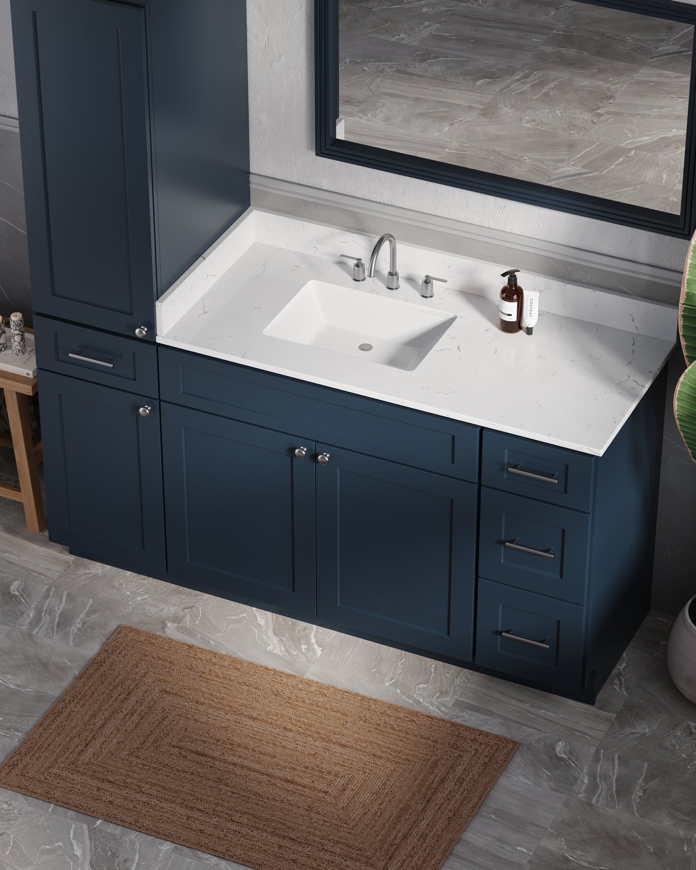 Disar 63'' Single Bathroom Vanity With Left Linen Tall Cabinet Dovetail Solid Wood Drawer Carrara Quartz Top