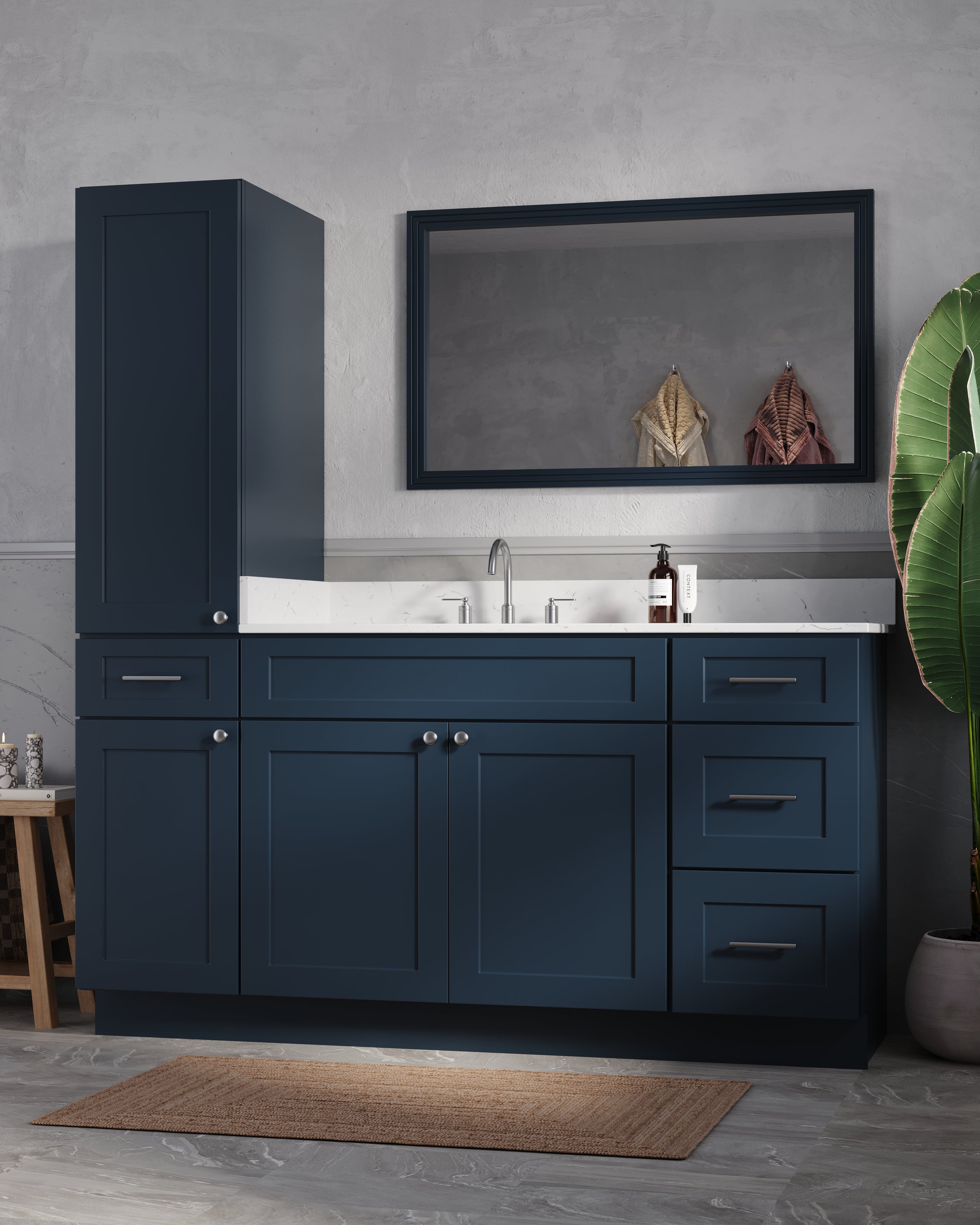 Disar 66' Single Bathroom Vanity With Left Linen Tall Cabinet Dovetail Solid Wood Drawer Carrara Quartz Top