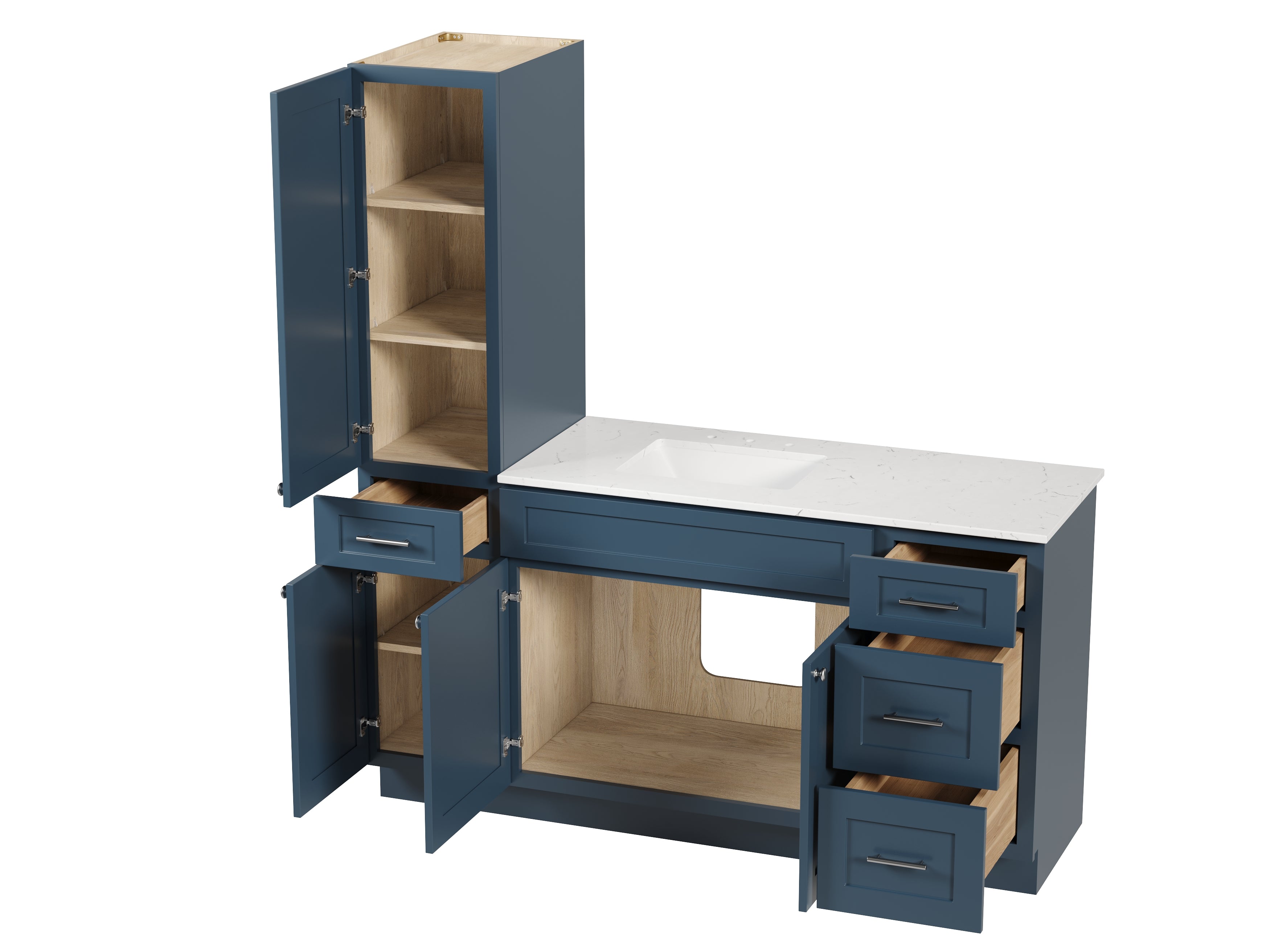 Disar 66' Single Bathroom Vanity With Left Linen Tall Cabinet Dovetail Solid Wood Drawer Carrara Quartz Top