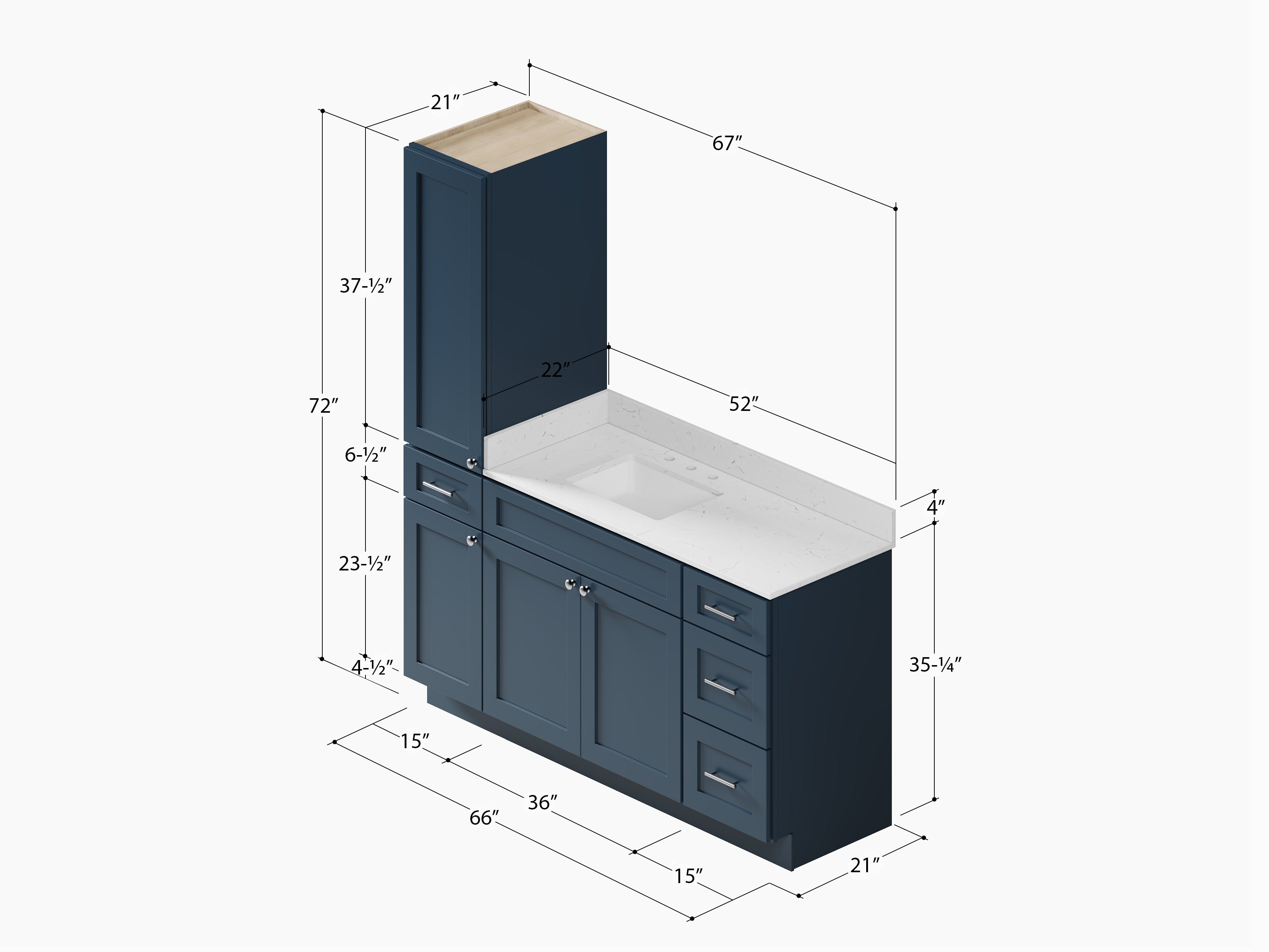 Disar 66' Single Bathroom Vanity With Left Linen Tall Cabinet Dovetail Solid Wood Drawer Carrara Quartz Top