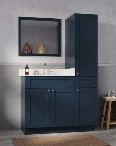 [color:Blue] 45'' Single Bathroom Vanity With Right Linen Tall Cabinet, Quartz Top - Blue finish view