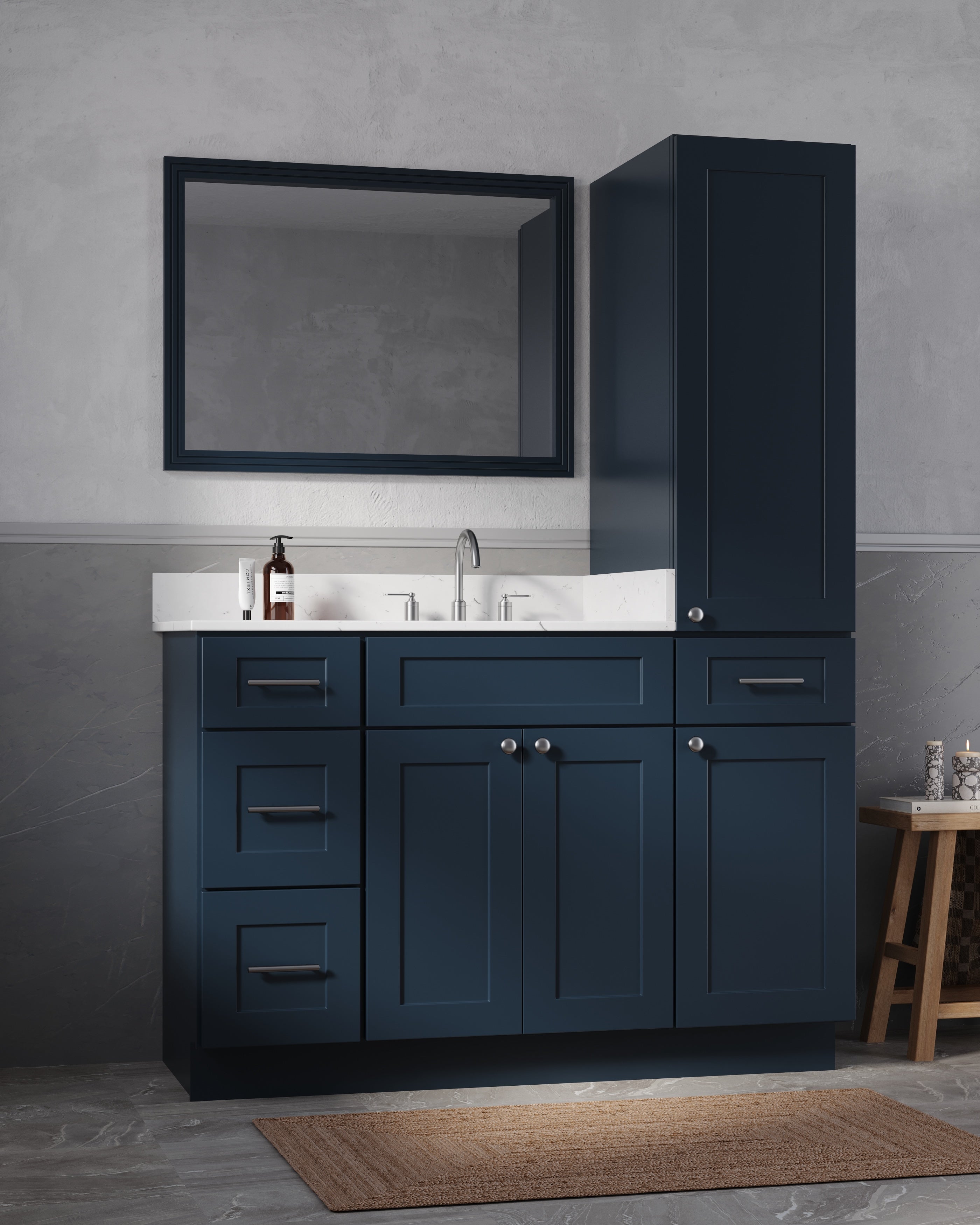 Disar 60'' Single Bathroom Vanity With Right Linen Tall Cabinet Dovetail Solid Wood Drawer Carrara Quartz Top