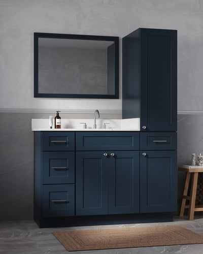 [color:Blue] 60'' Single Bathroom Vanity With Right Linen Tall Cabinet, Quartz Top - Blue finish view