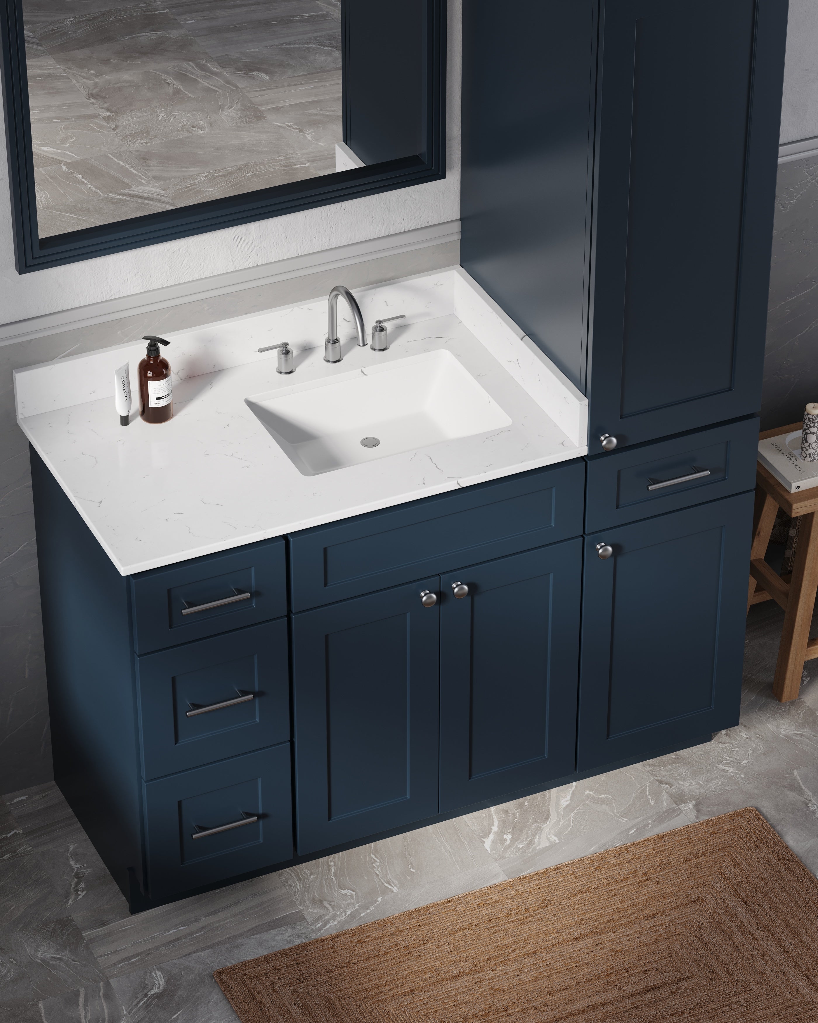 Disar 60'' Single Bathroom Vanity With Right Linen Tall Cabinet Dovetail Solid Wood Drawer Carrara Quartz Top