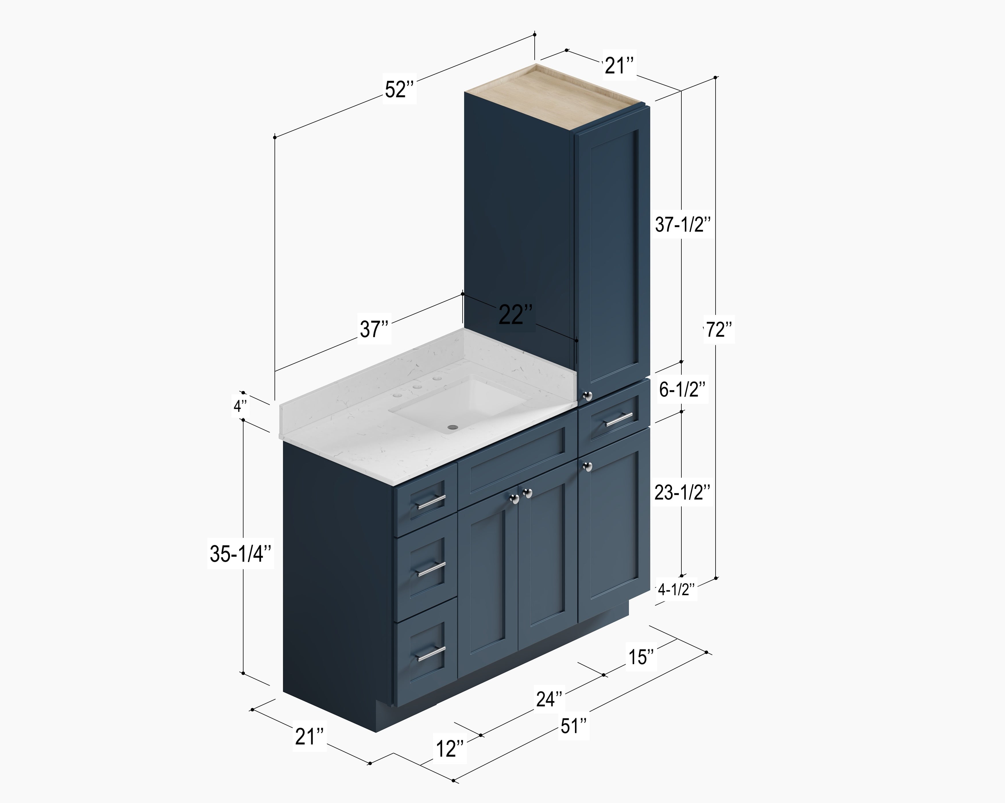 Disar 60'' Single Bathroom Vanity With Right Linen Tall Cabinet Dovetail Solid Wood Drawer Carrara Quartz Top