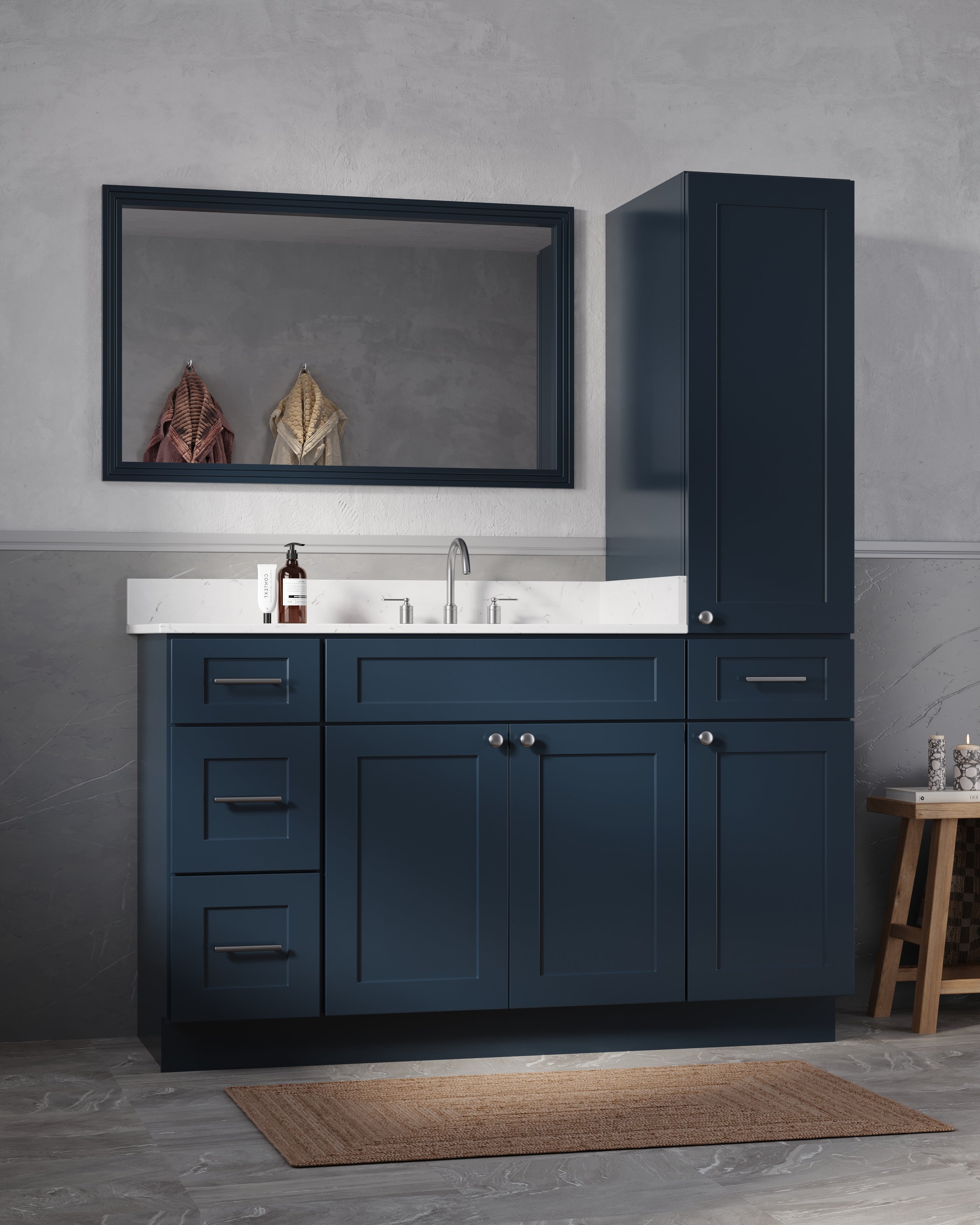 Disar 54'' Single Bathroom Vanity With Right Linen Tall Cabinet Dovetail Solid Wood Drawer Carrara Quartz Top