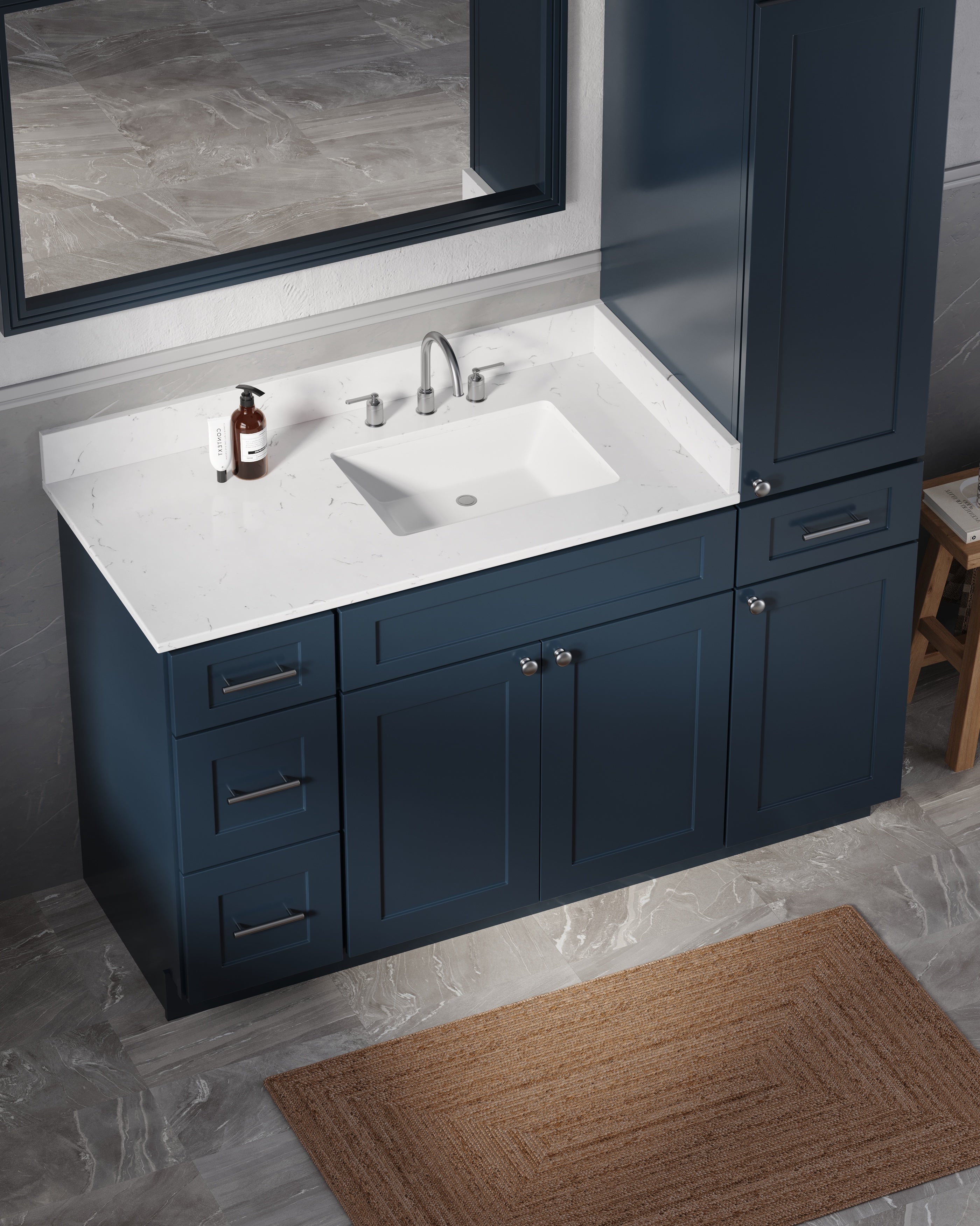 Disar 57" Single Bathroom Vanity With Right Linen Tall Cabinet Dovetail Solid Wood Drawer Carrara Quartz Top