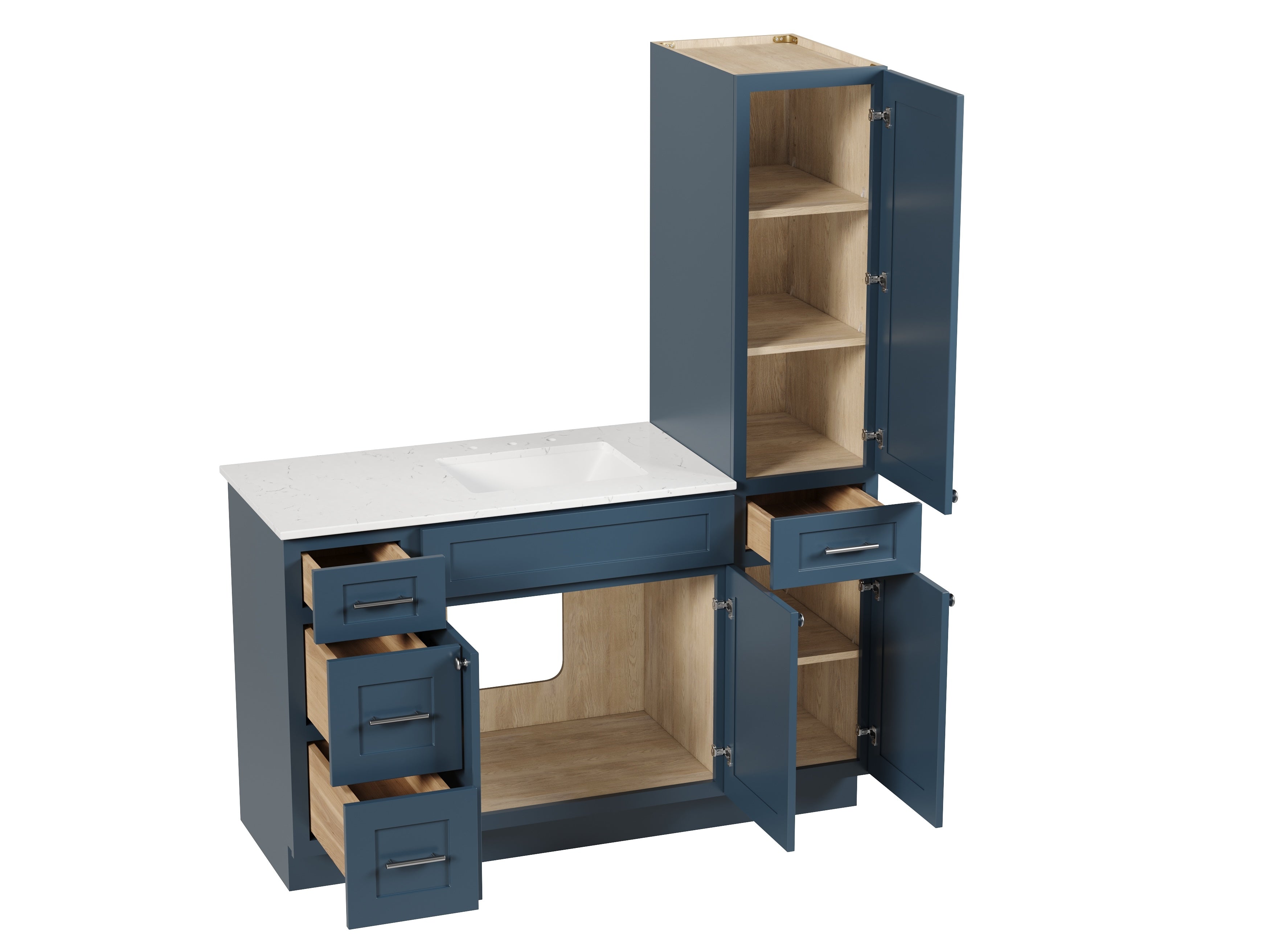 Disar 57" Single Bathroom Vanity With Right Linen Tall Cabinet Dovetail Solid Wood Drawer Carrara Quartz Top