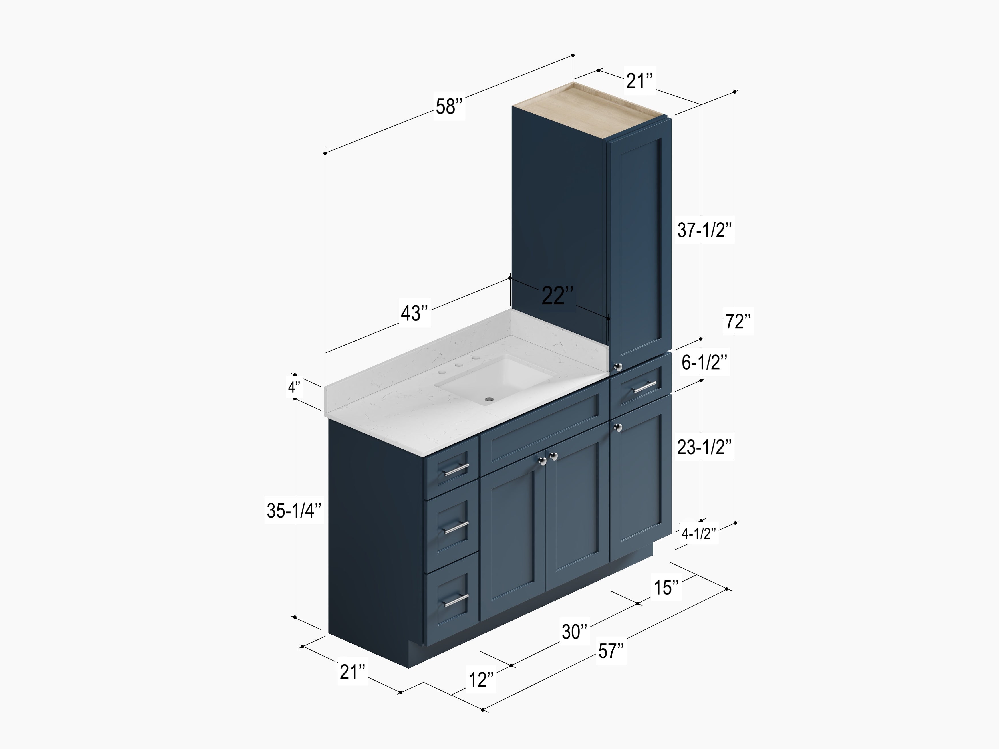 Disar 54'' Single Bathroom Vanity With Right Linen Tall Cabinet Dovetail Solid Wood Drawer Carrara Quartz Top