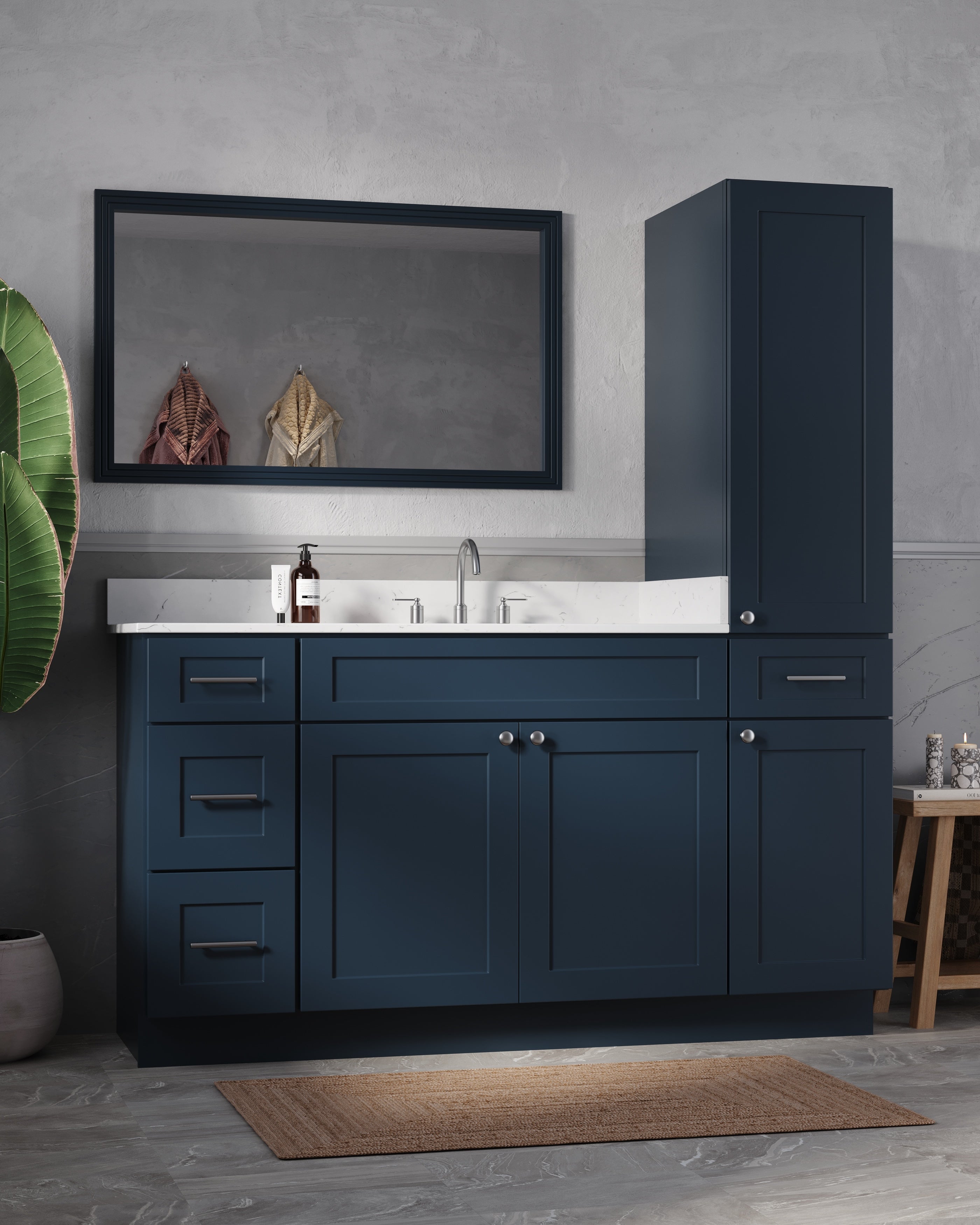Disar 63'' Single Bathroom Vanity With Right Linen Tall Cabinet Dovetail Solid Wood Drawer Carrara Quartz Top