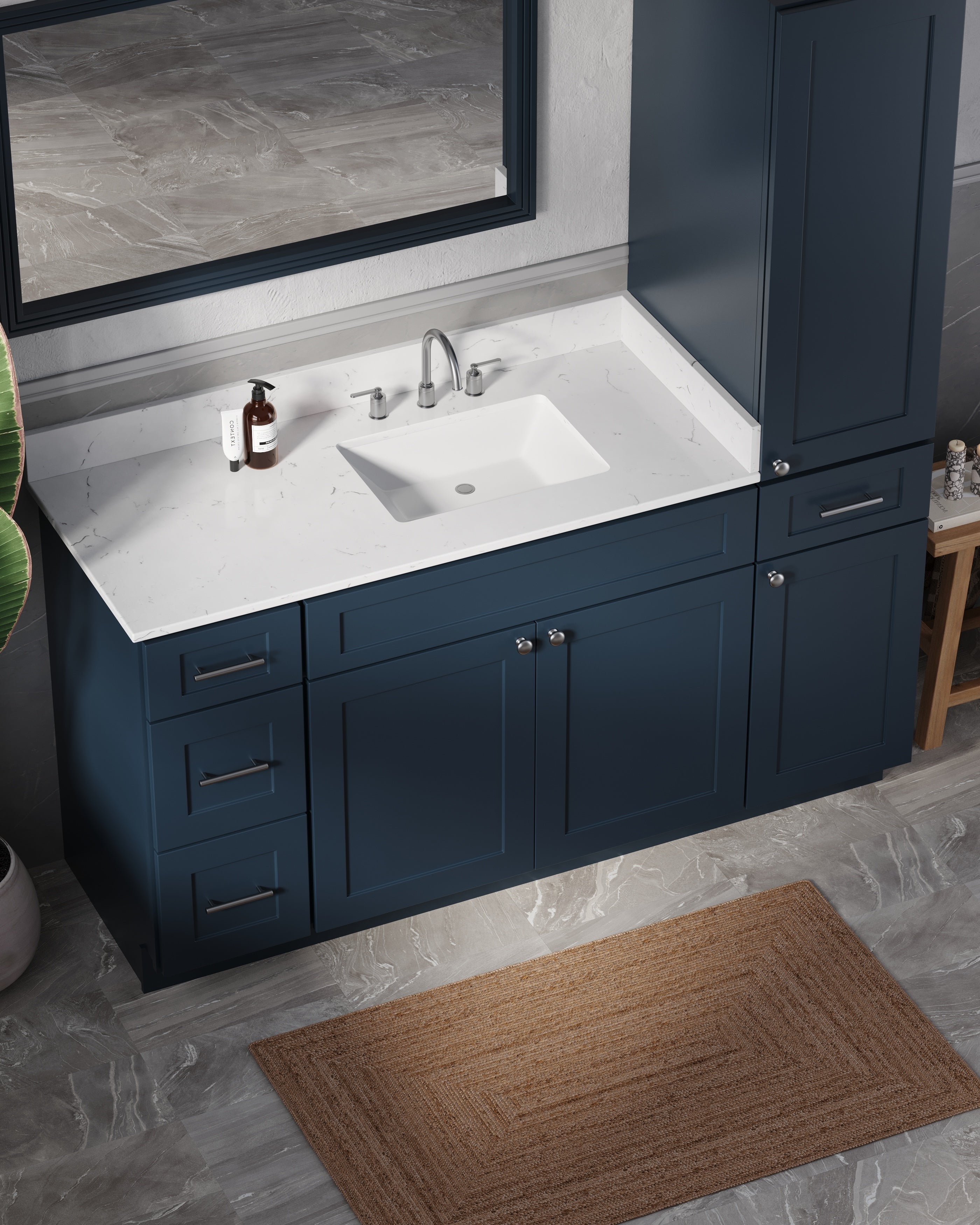 Disar 63'' Single Bathroom Vanity With Right Linen Tall Cabinet Dovetail Solid Wood Drawer Carrara Quartz Top