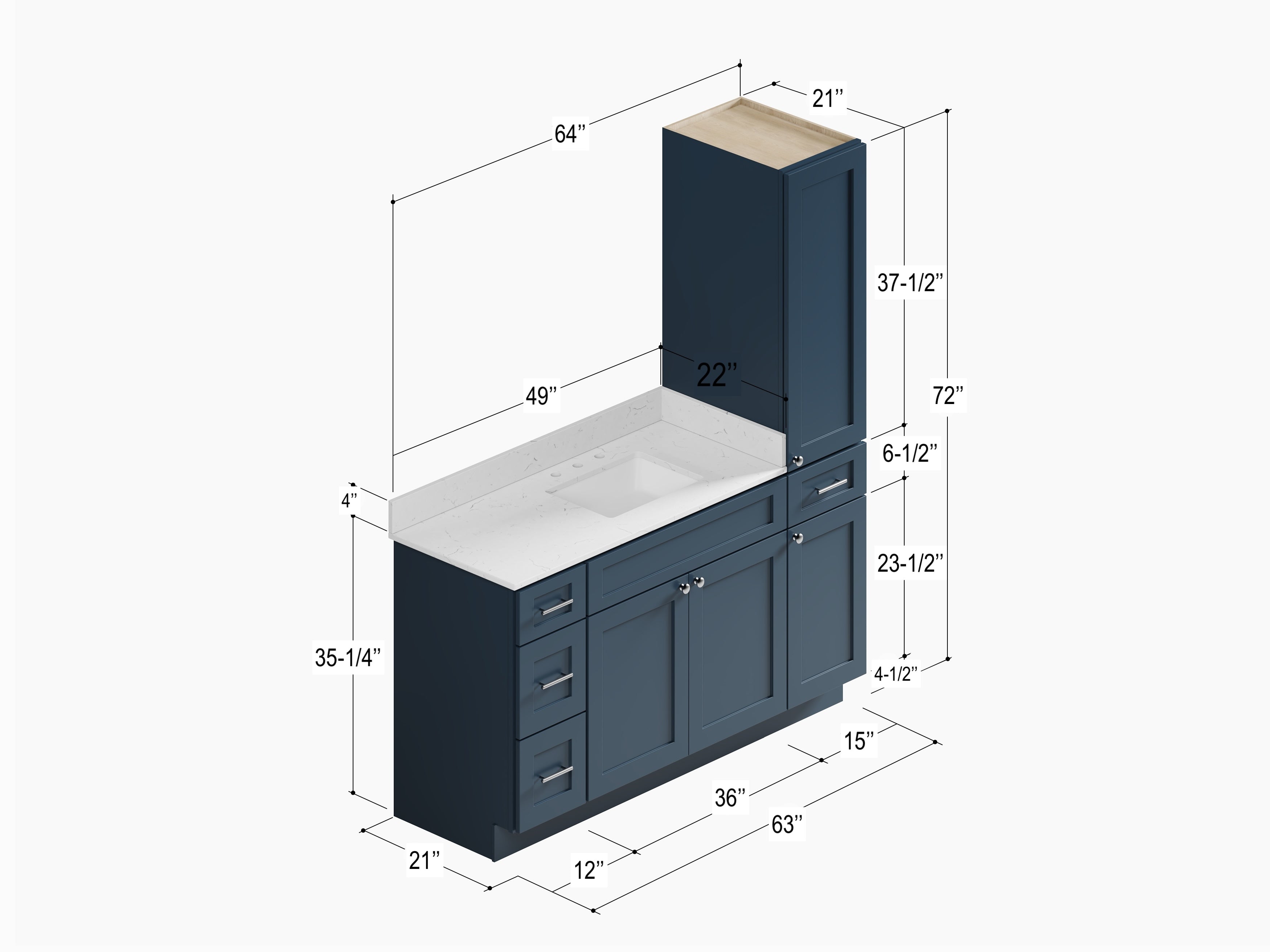 Disar 63'' Single Bathroom Vanity With Right Linen Tall Cabinet Dovetail Solid Wood Drawer Carrara Quartz Top