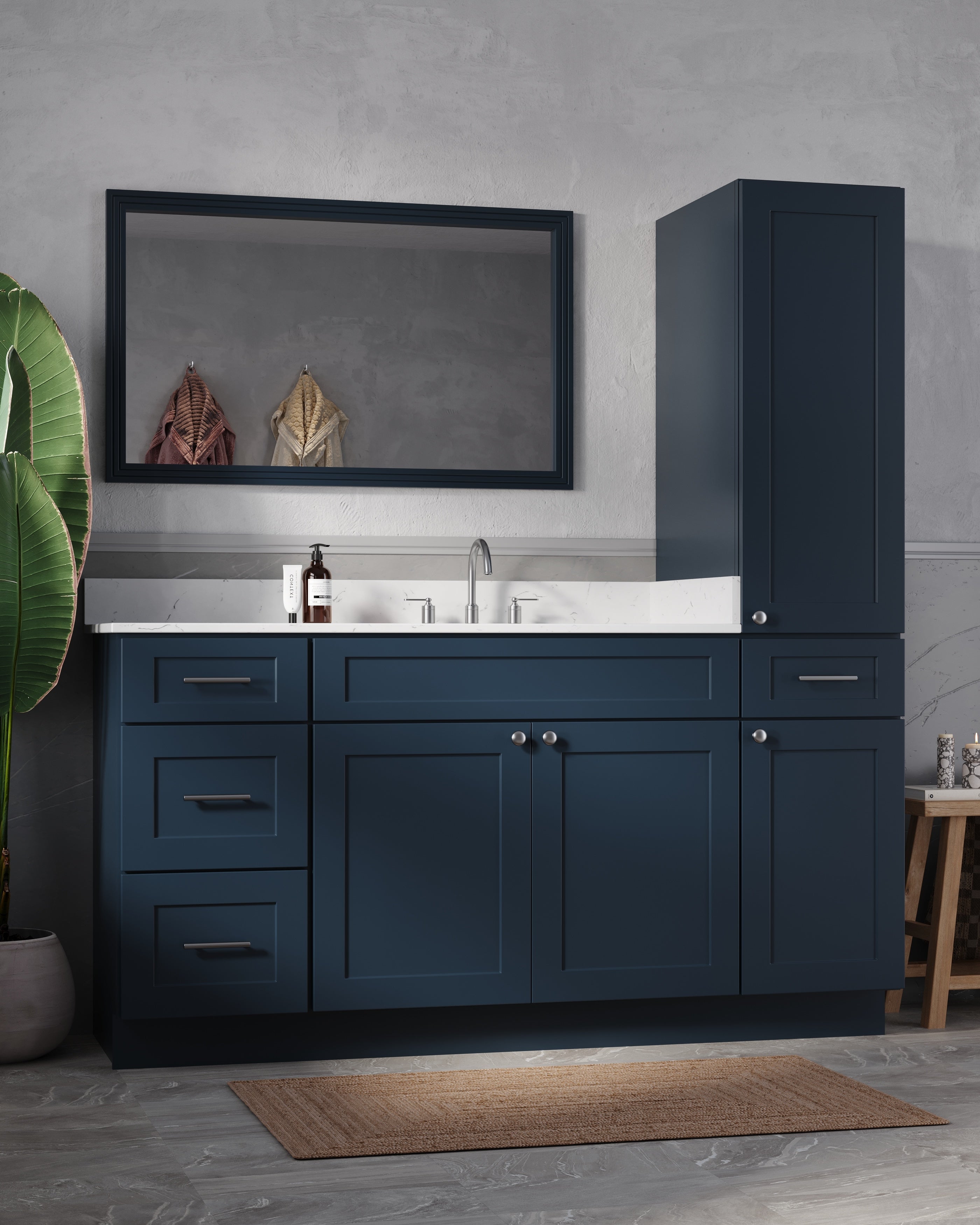 Disar 66'' Single Bathroom Vanity With Right Linen Tall Cabinet Dovetail Solid Wood Drawer Carrara Quartz Top