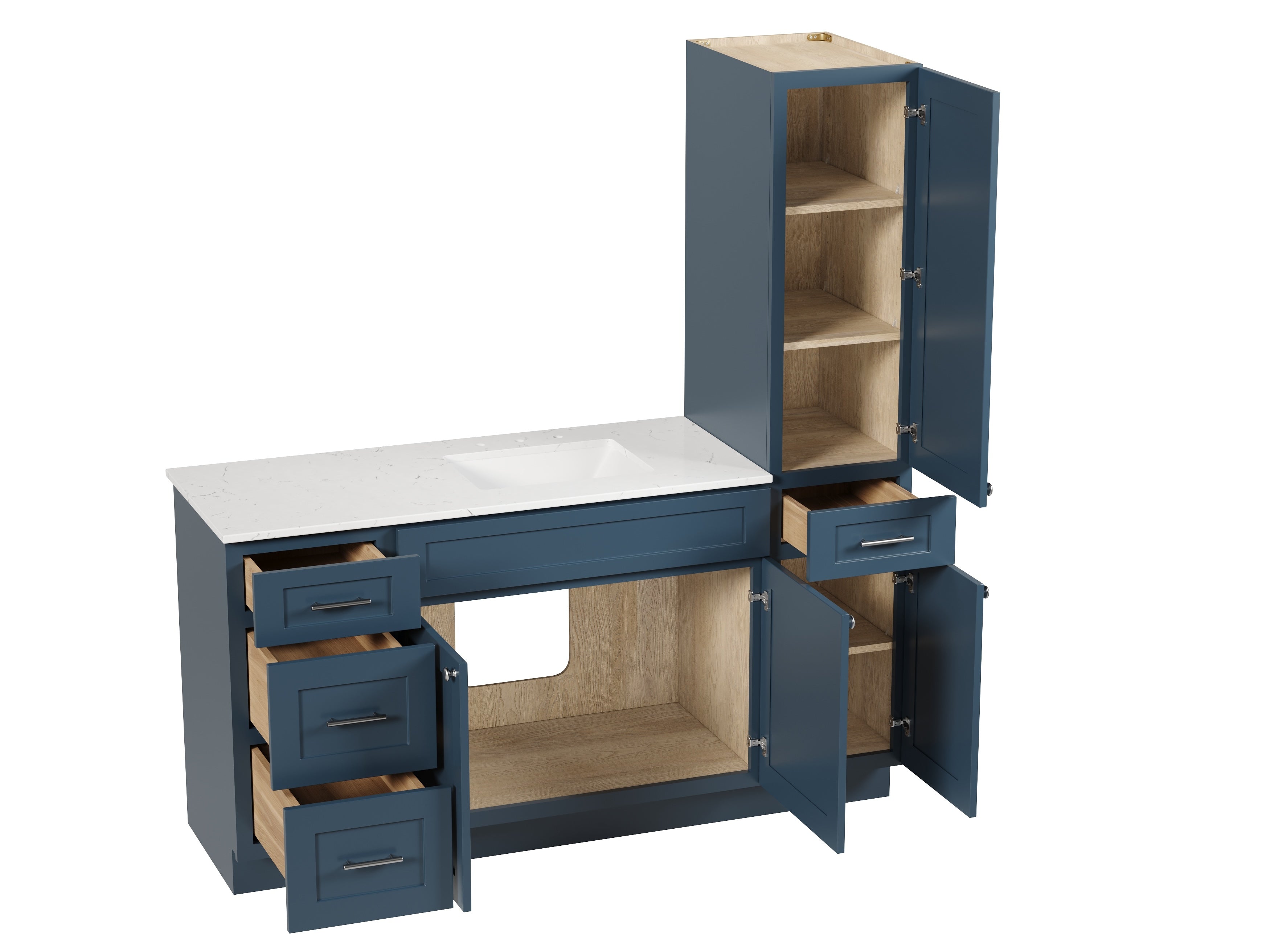 Disar 66'' Single Bathroom Vanity With Right Linen Tall Cabinet Dovetail Solid Wood Drawer Carrara Quartz Top