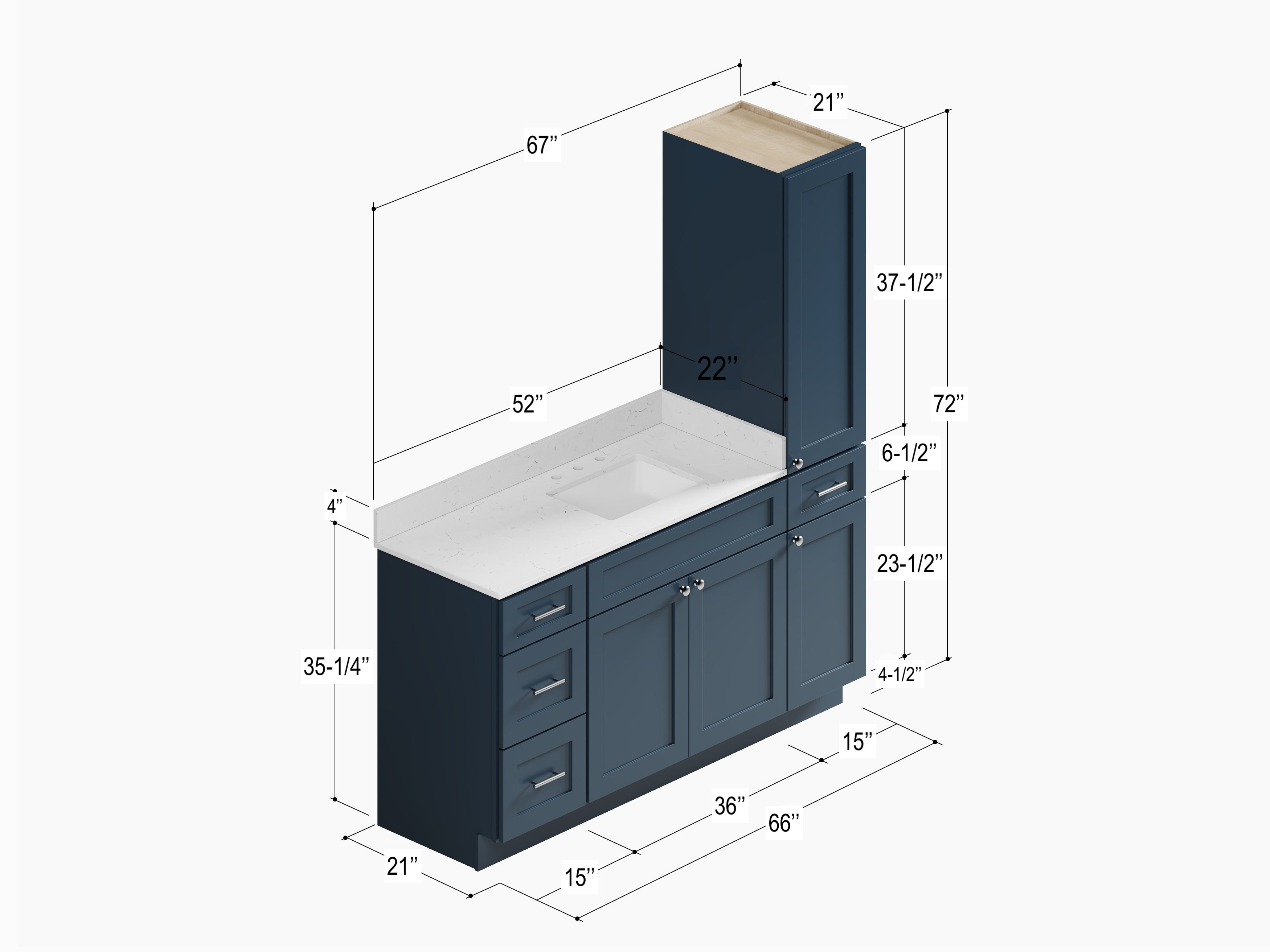 Disar 66'' Single Bathroom Vanity With Right Linen Tall Cabinet Dovetail Solid Wood Drawer Carrara Quartz Top