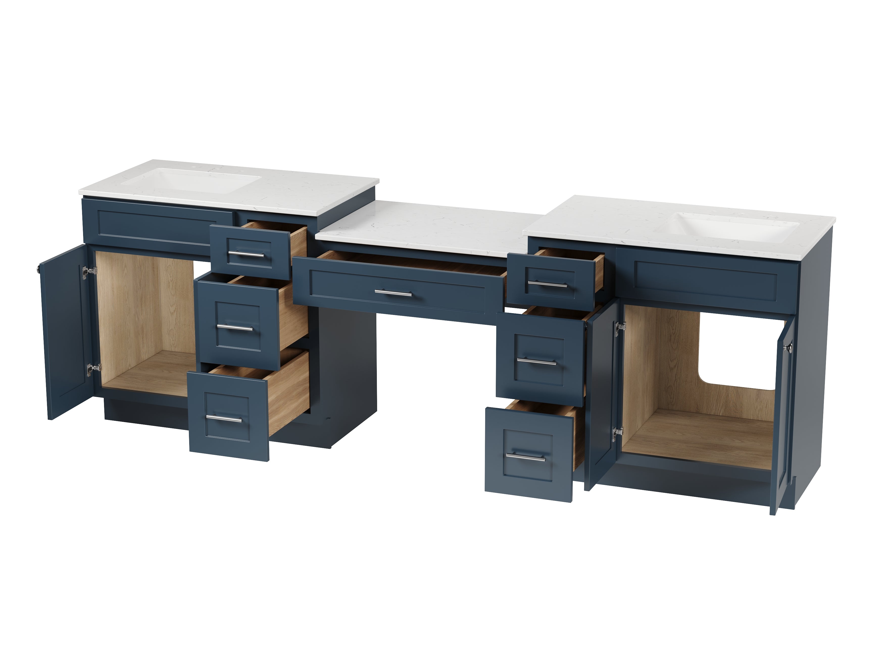 103'' Double Bathroom Vanity with Quartz Top, 7 Drawers