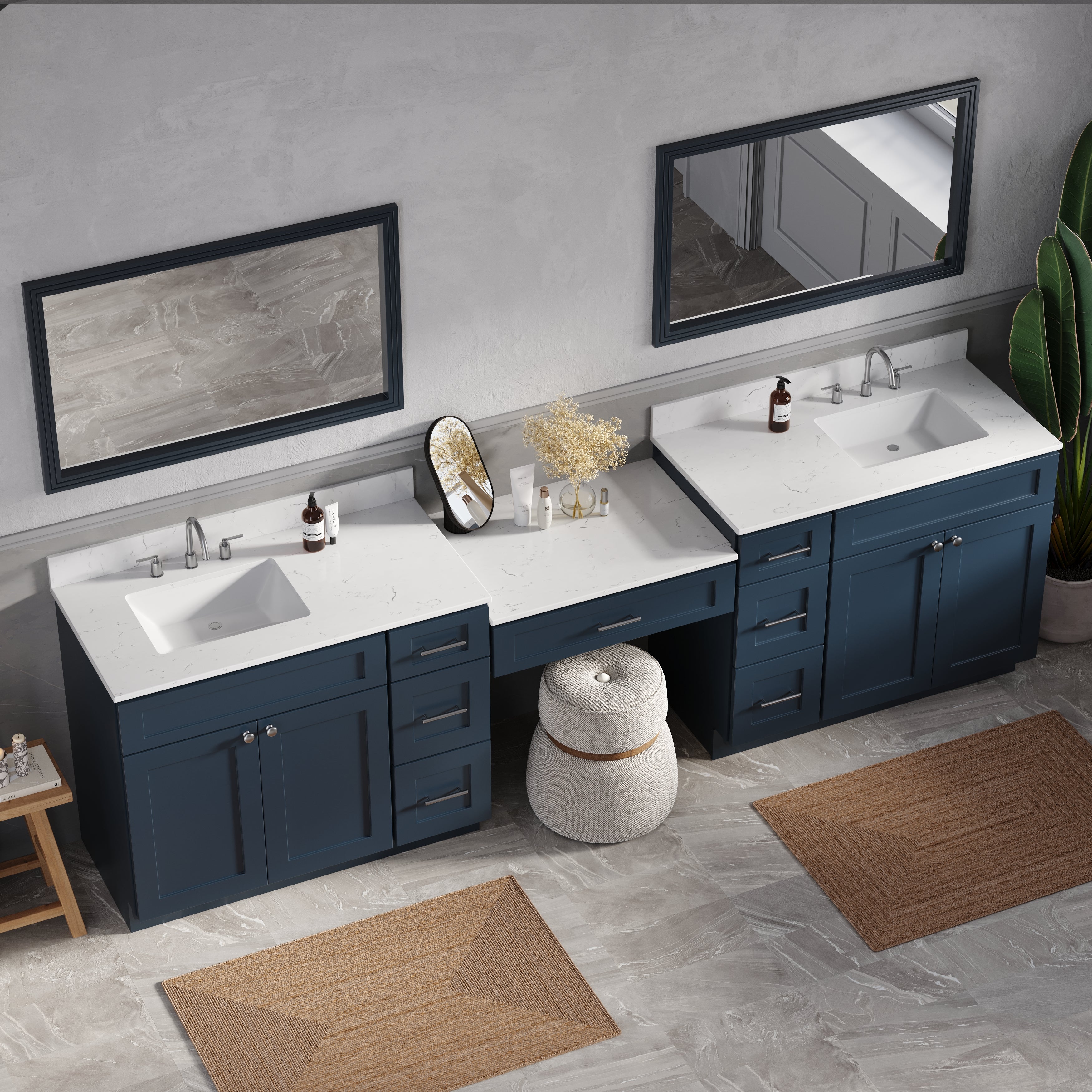 114'' Double Bathroom Vanity with Quartz Top, 7 Drawers