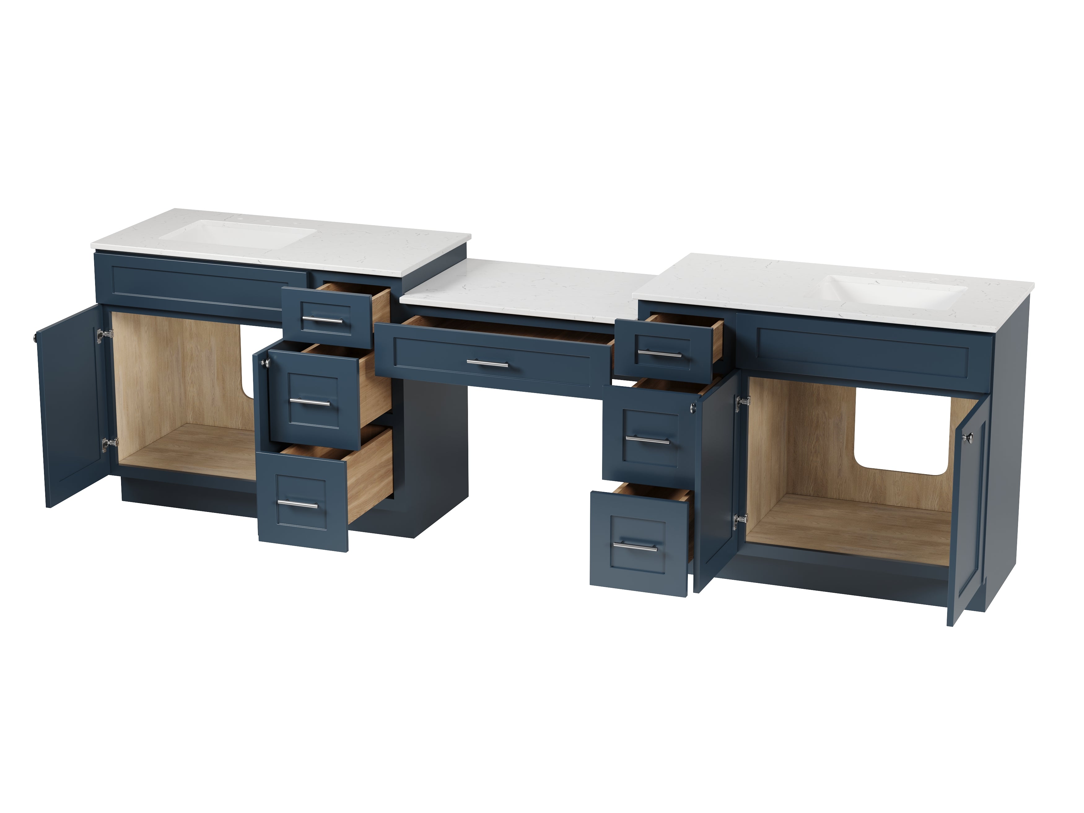 114'' Double Bathroom Vanity with Quartz Top, 7 Drawers