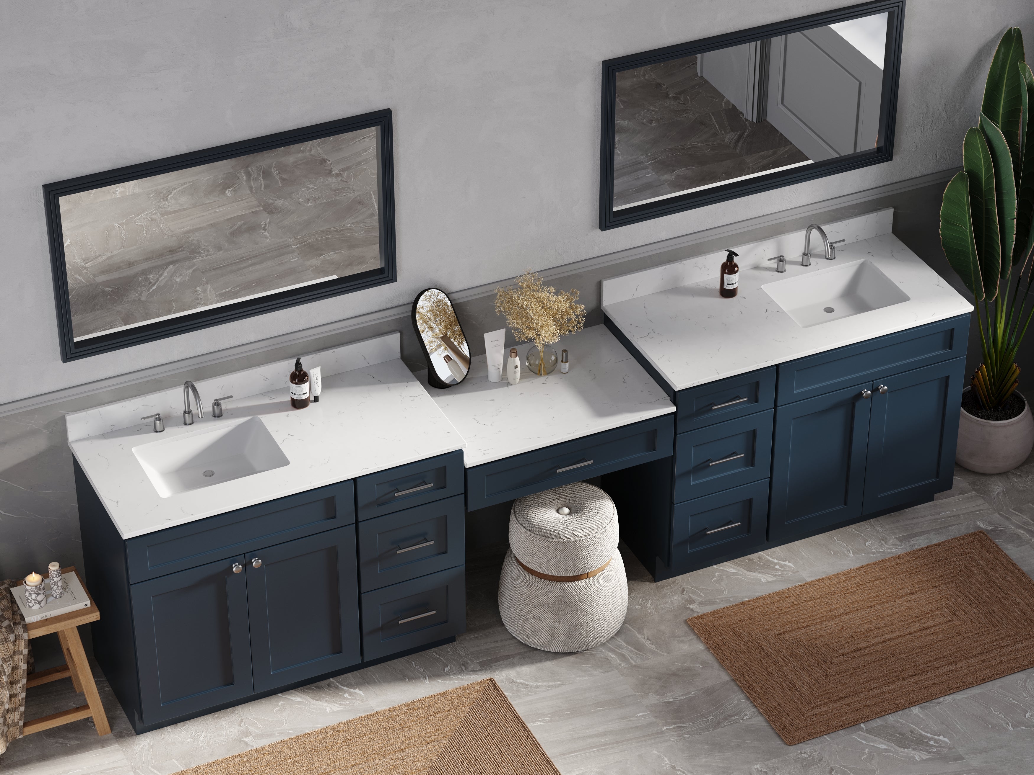 Disar 132'' Double Bathroom Vanity Desk With Carrara Quartz Top, 7 Drawers