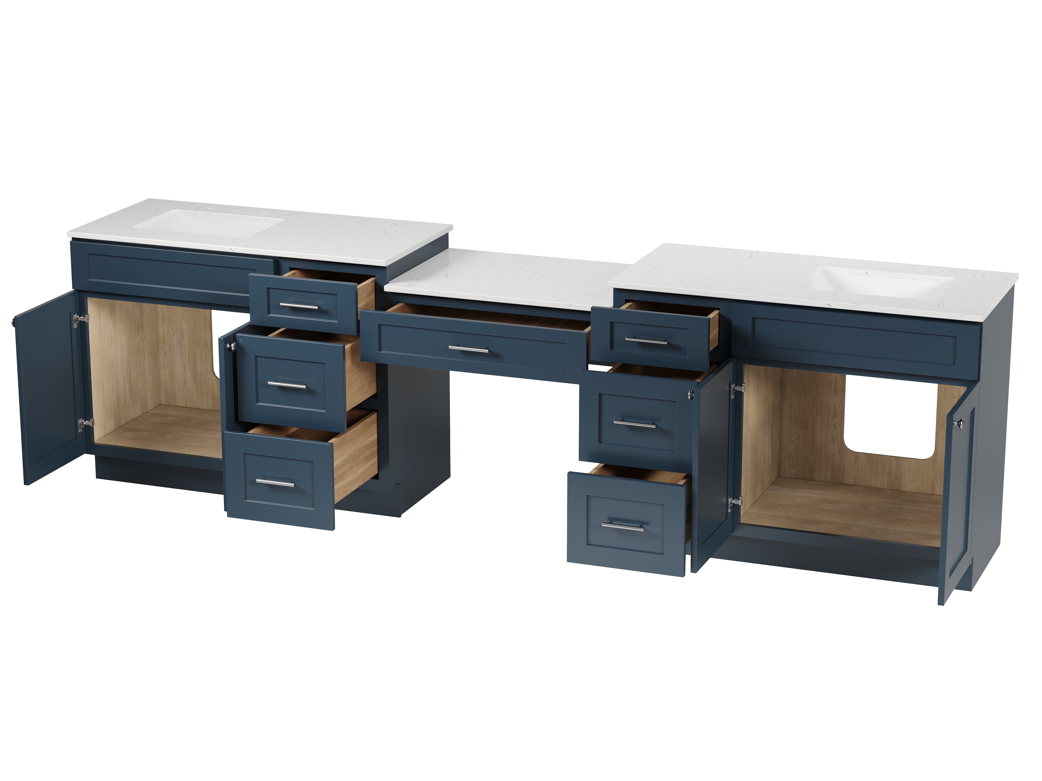 Disar 132'' Double Bathroom Vanity Desk With Carrara Quartz Top, 7 Drawers