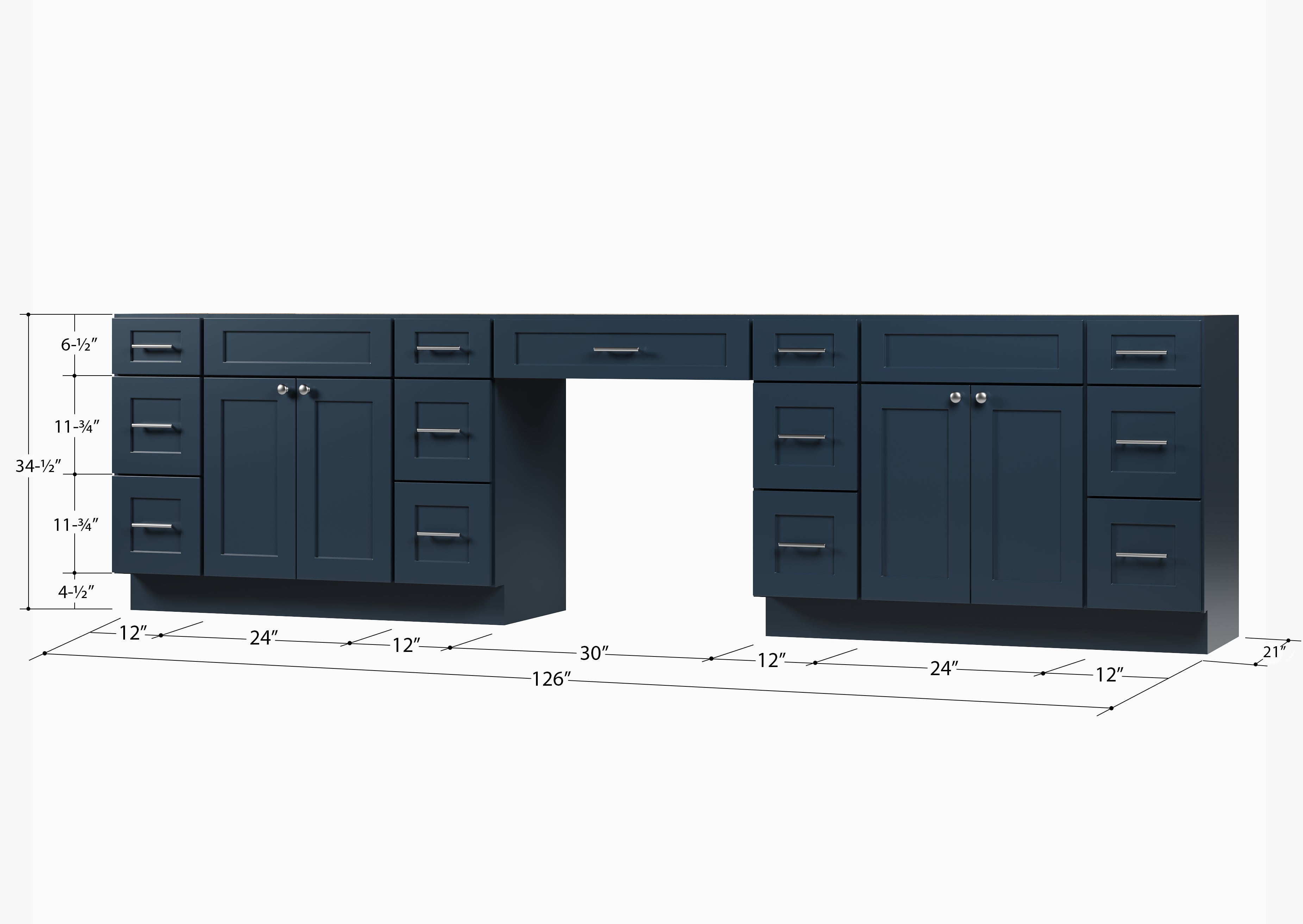 Disar 126'' Double Bathroom Vanity With Desk Dovetail Solid Wood Drawer Base Only With 13 Drawers