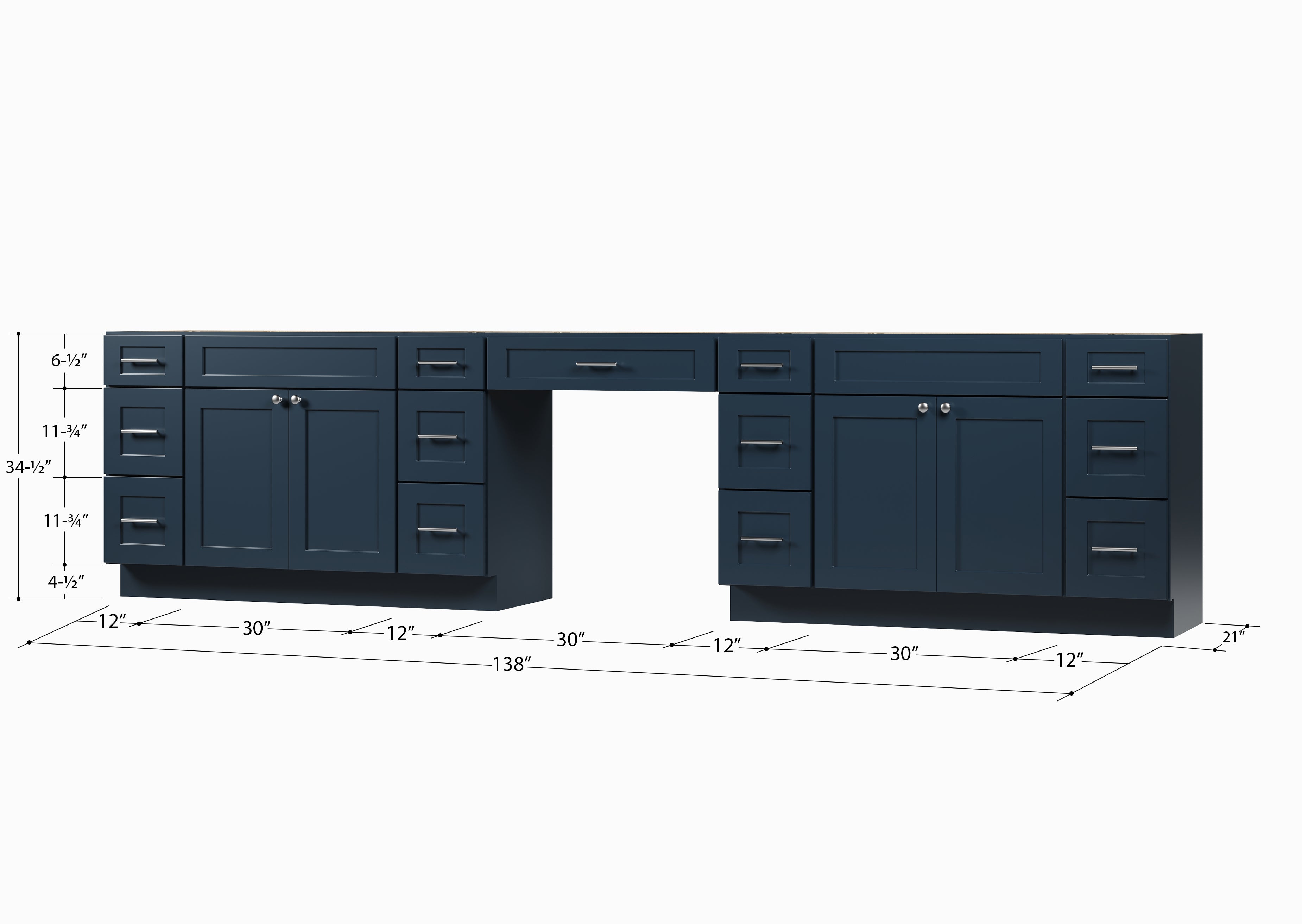 138'' Double Bathroom Vanity Base Only With 13 Drawers