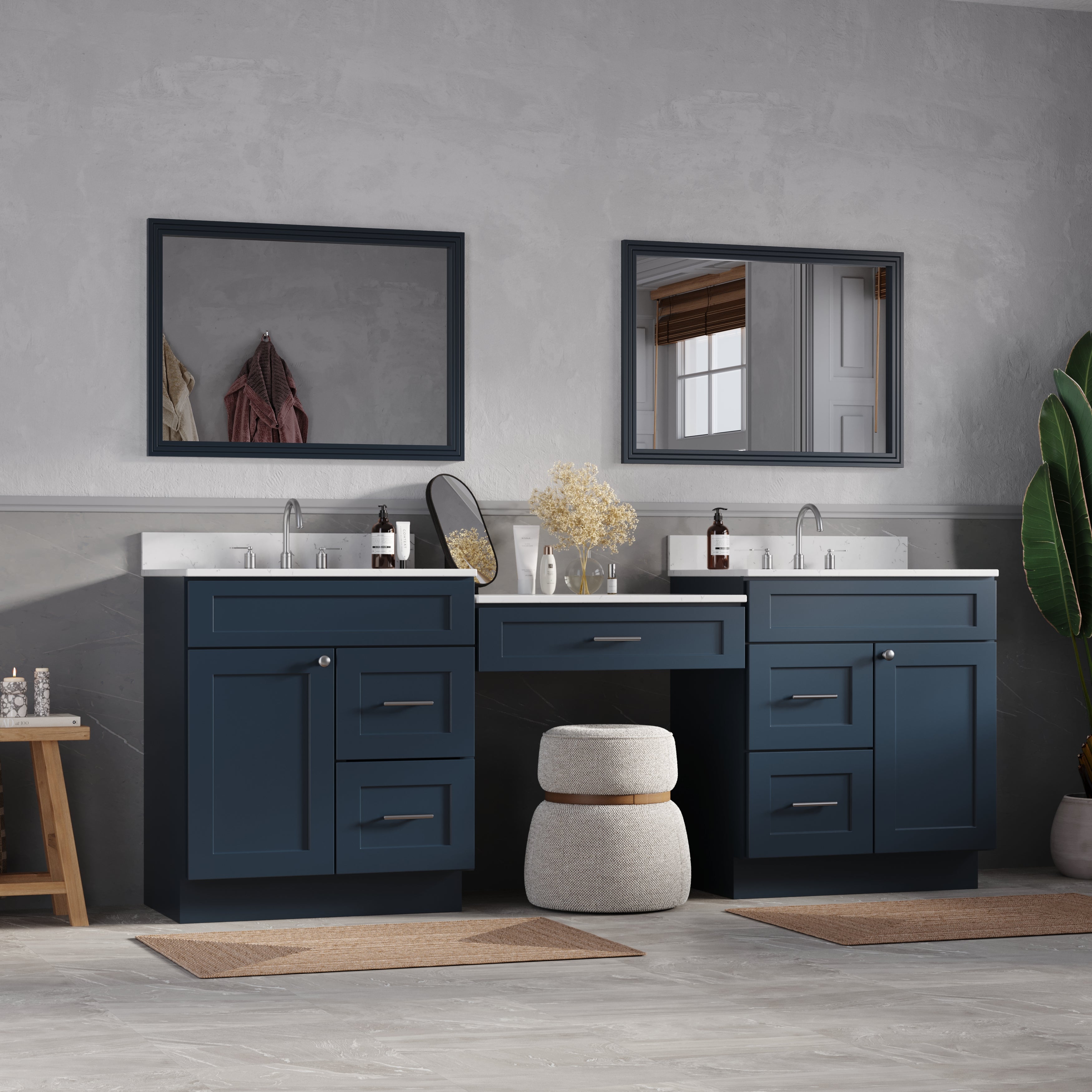 91'' Double Bathroom Vanity Desk  with Quartz Top, 5 Drawers