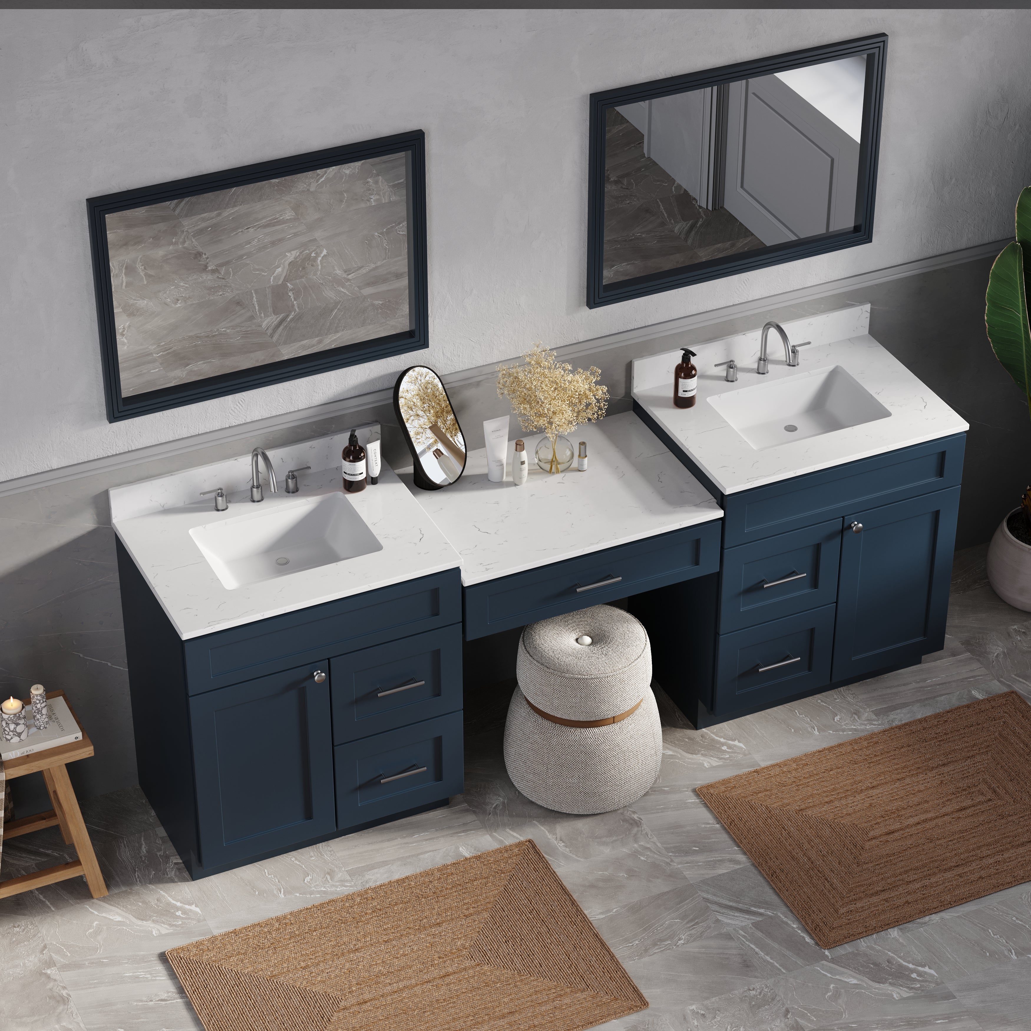 91'' Double Bathroom Vanity Desk  with Quartz Top, 5 Drawers