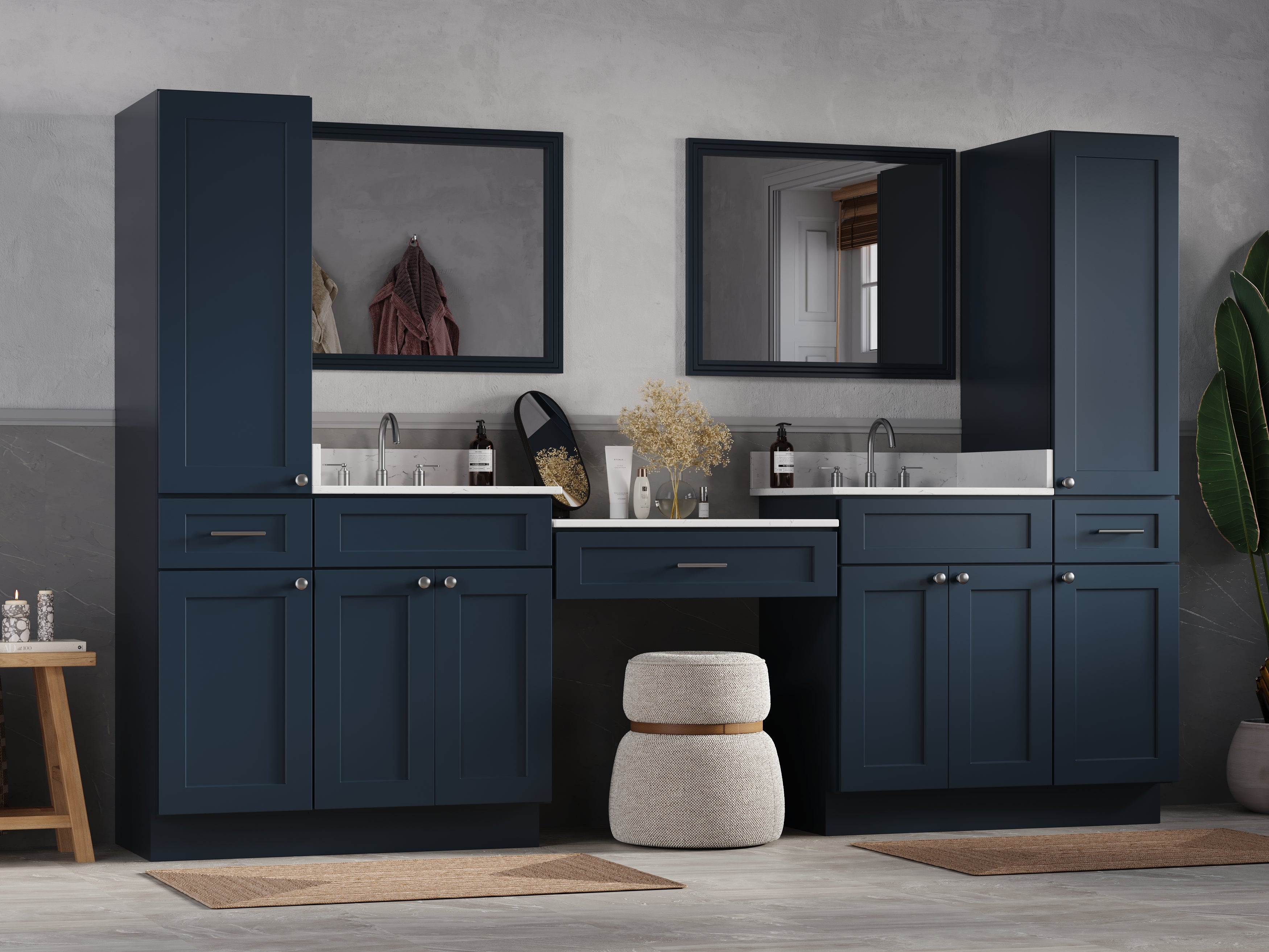 Disar 108'' Double Bathroom Vanity With Desk Linen Tall Cabinet Dovetail Solid Wood Drawer Carrara Quartz Top, Drawer 3