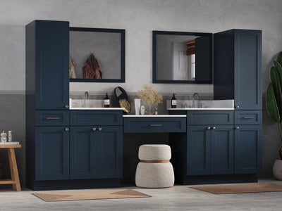 [color:Blue] 108'' Vanity With Desk Linen Tall Cabinet, Quartz Top, Drawer 3 - Blue finish view