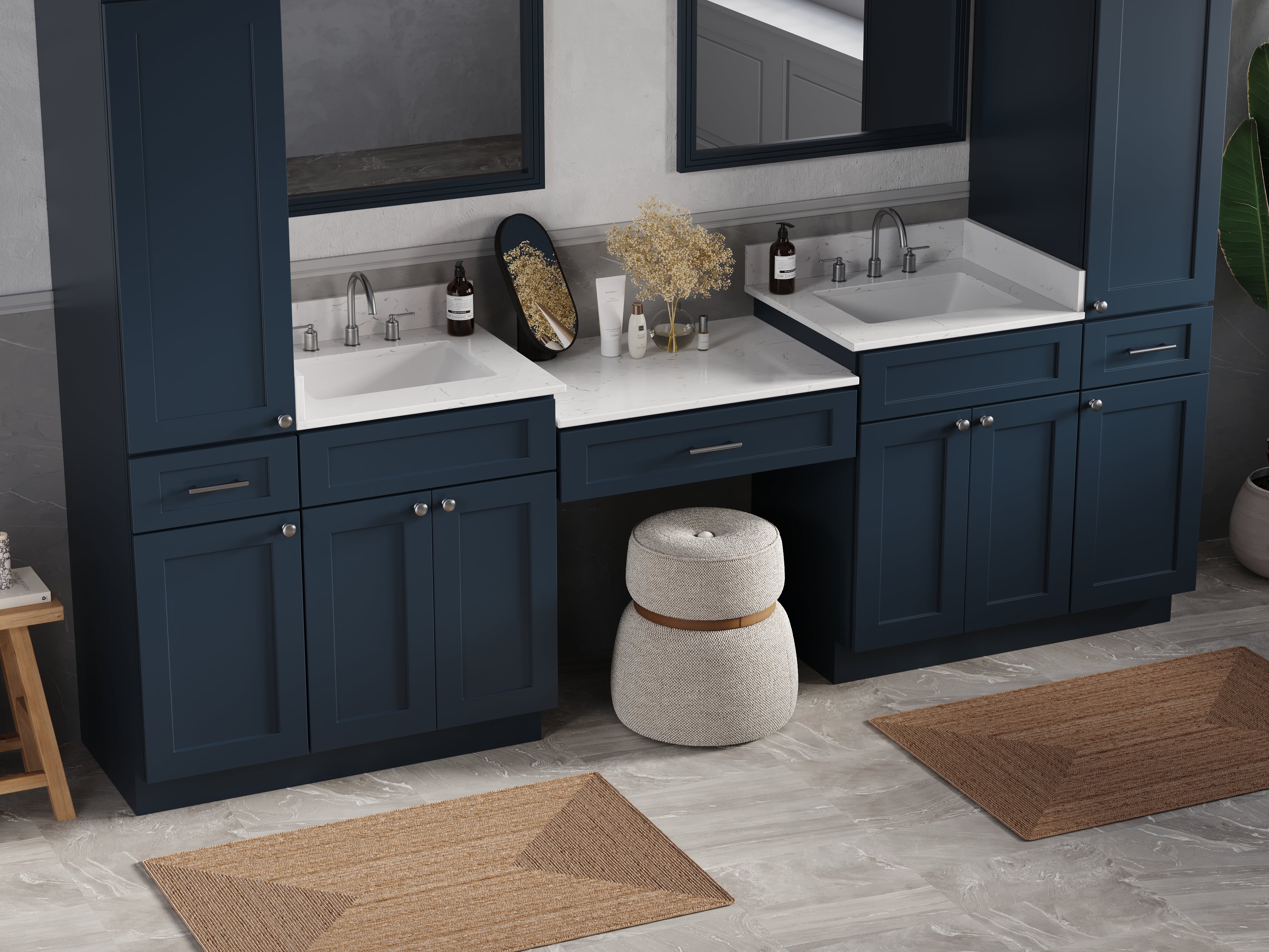 Disar 108'' Double Bathroom Vanity With Desk Linen Tall Cabinet Dovetail Solid Wood Drawer Carrara Quartz Top, Drawer 3