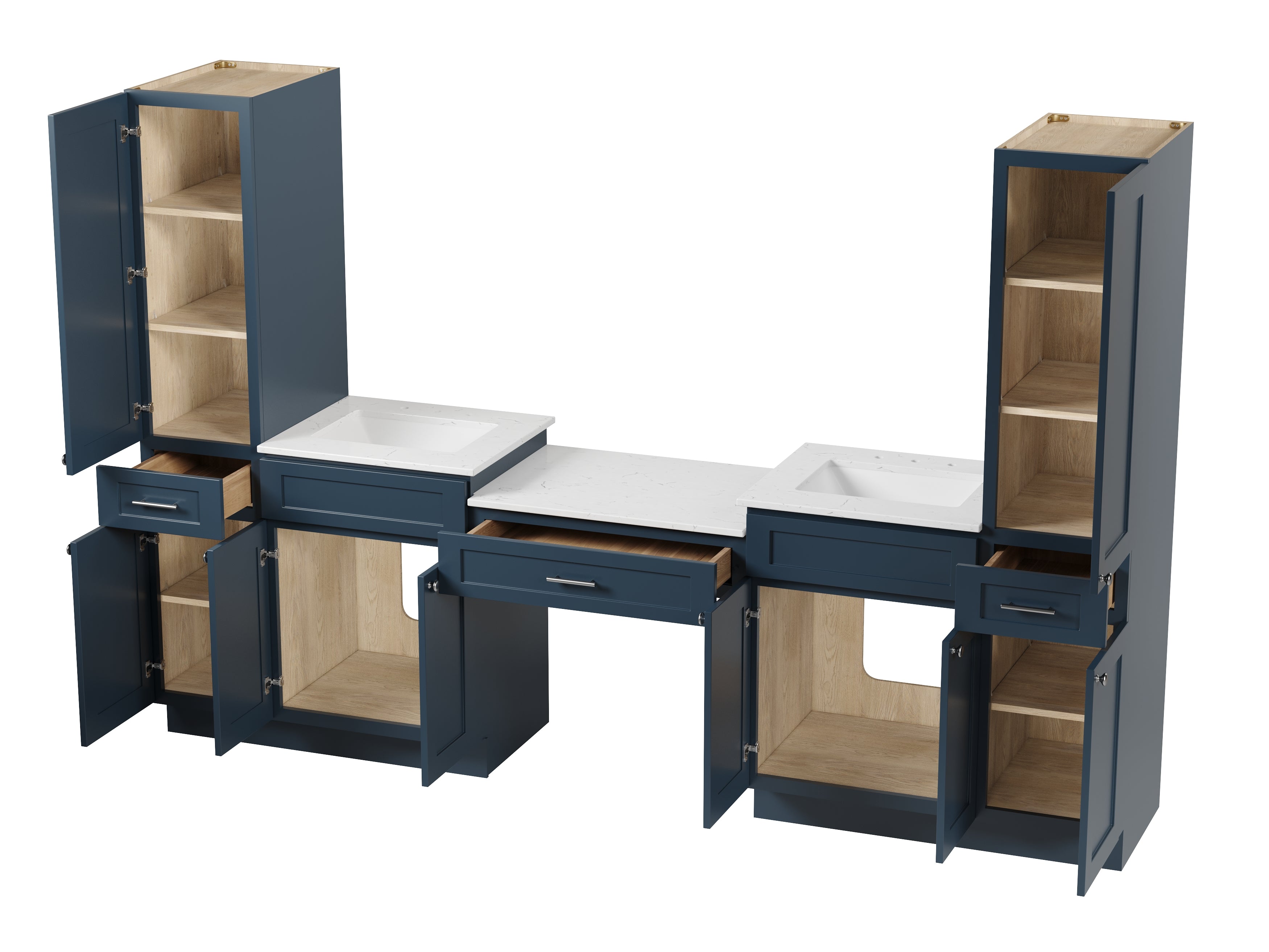 Disar 108'' Double Bathroom Vanity With Desk Linen Tall Cabinet Dovetail Solid Wood Drawer Carrara Quartz Top, Drawer 3