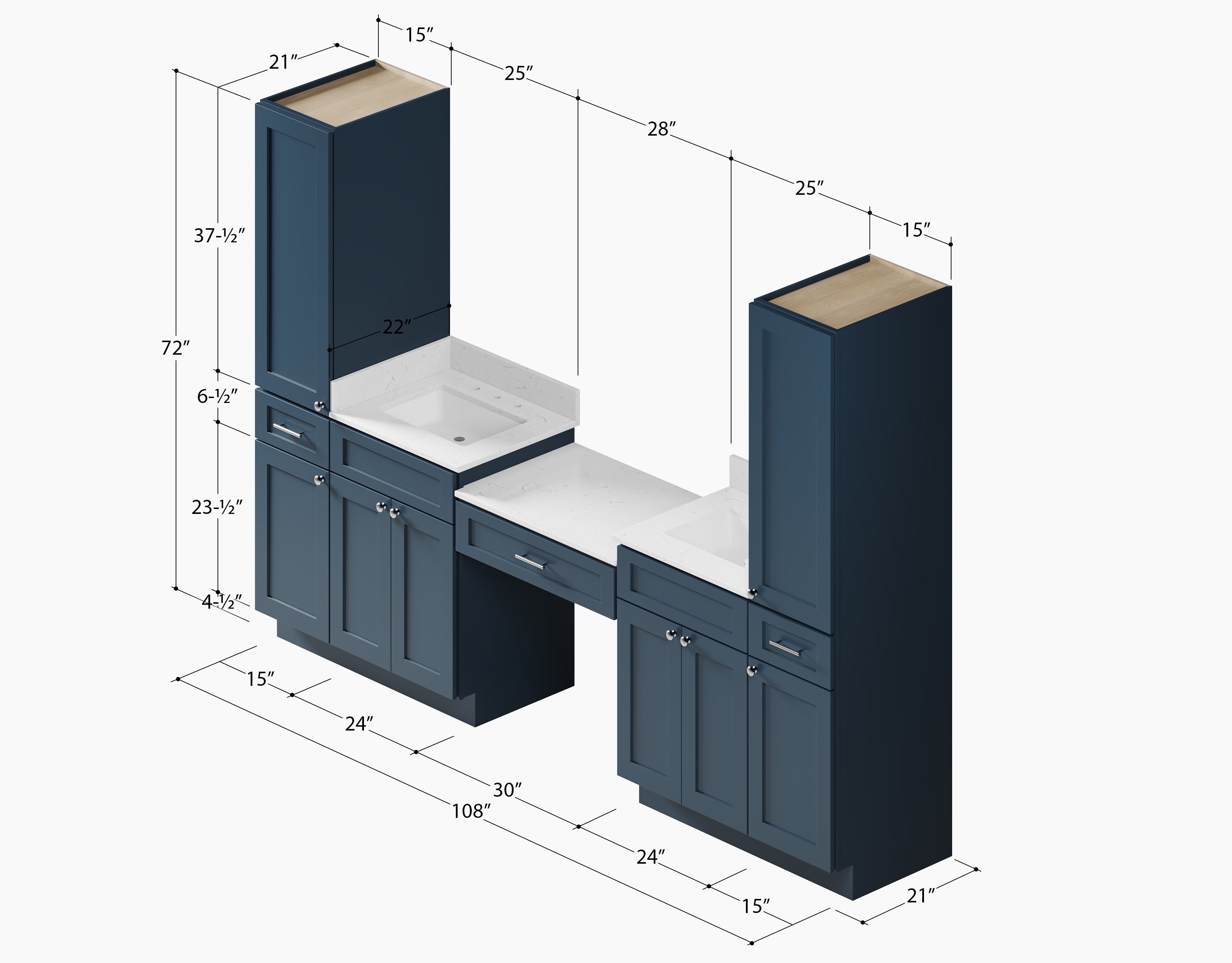 Disar 108'' Double Bathroom Vanity With Desk Linen Tall Cabinet Dovetail Solid Wood Drawer Carrara Quartz Top, Drawer 3