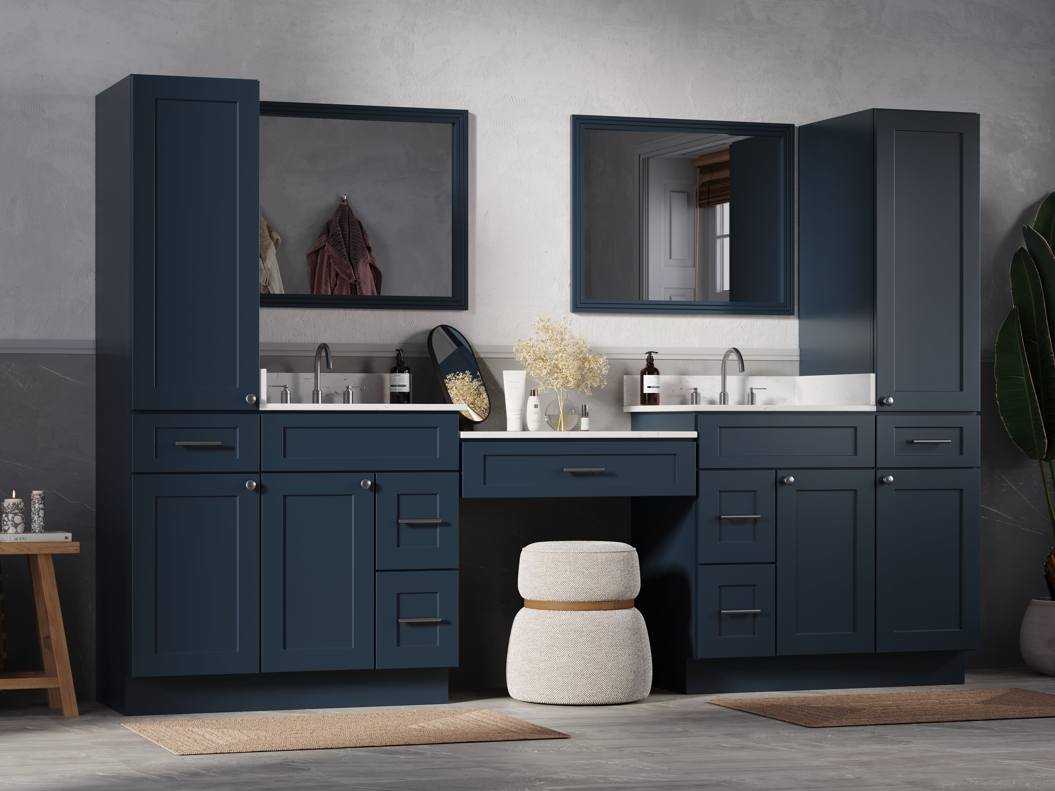 Disar 108'' Double Bathroom Vanity With Desk Linen Tall Cabinet Dovetail Solid Wood Drawer Carrara Quartz Top Drawer 7