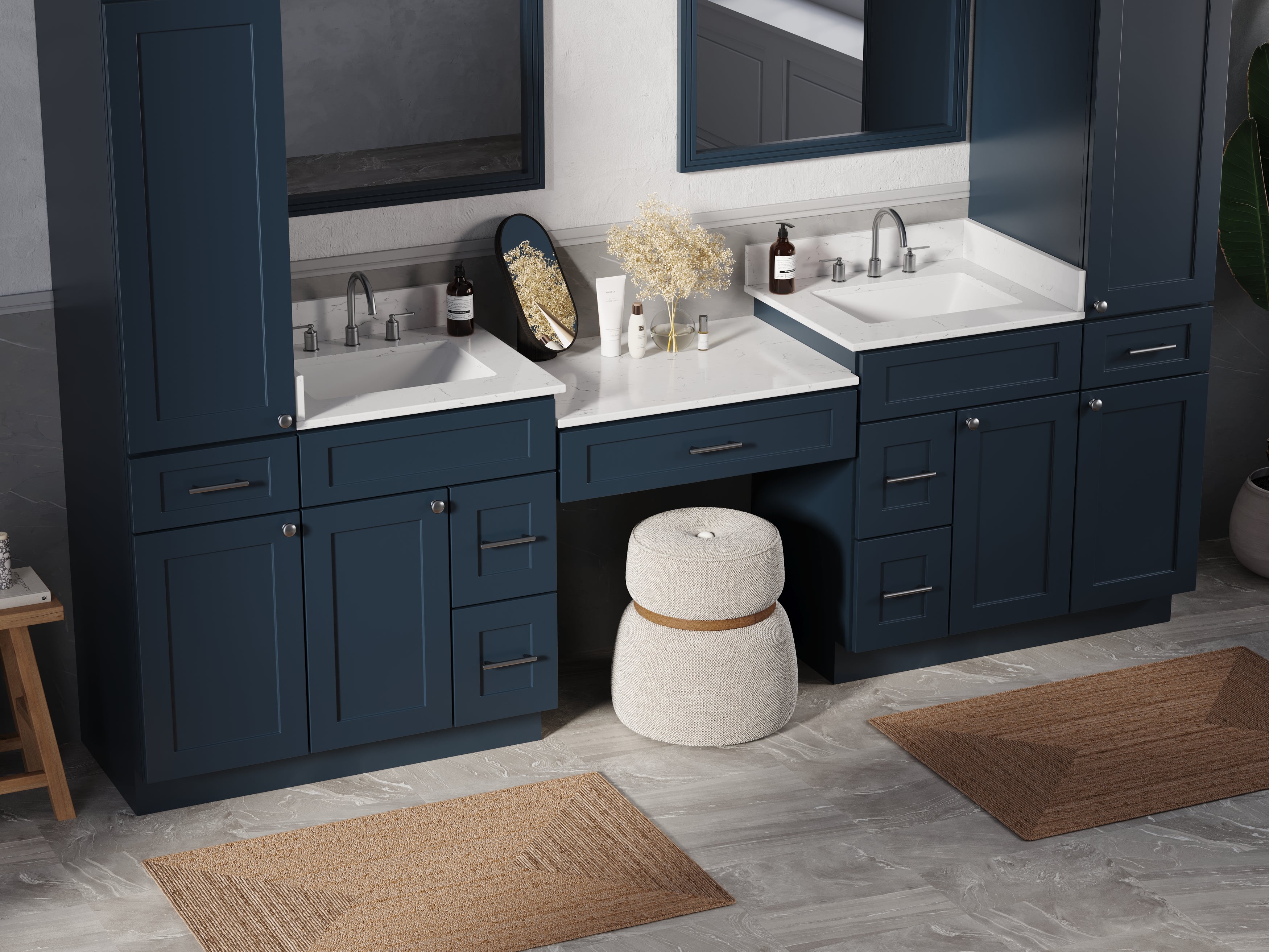 Disar 108'' Double Bathroom Vanity With Desk Linen Tall Cabinet Dovetail Solid Wood Drawer Carrara Quartz Top Drawer 7