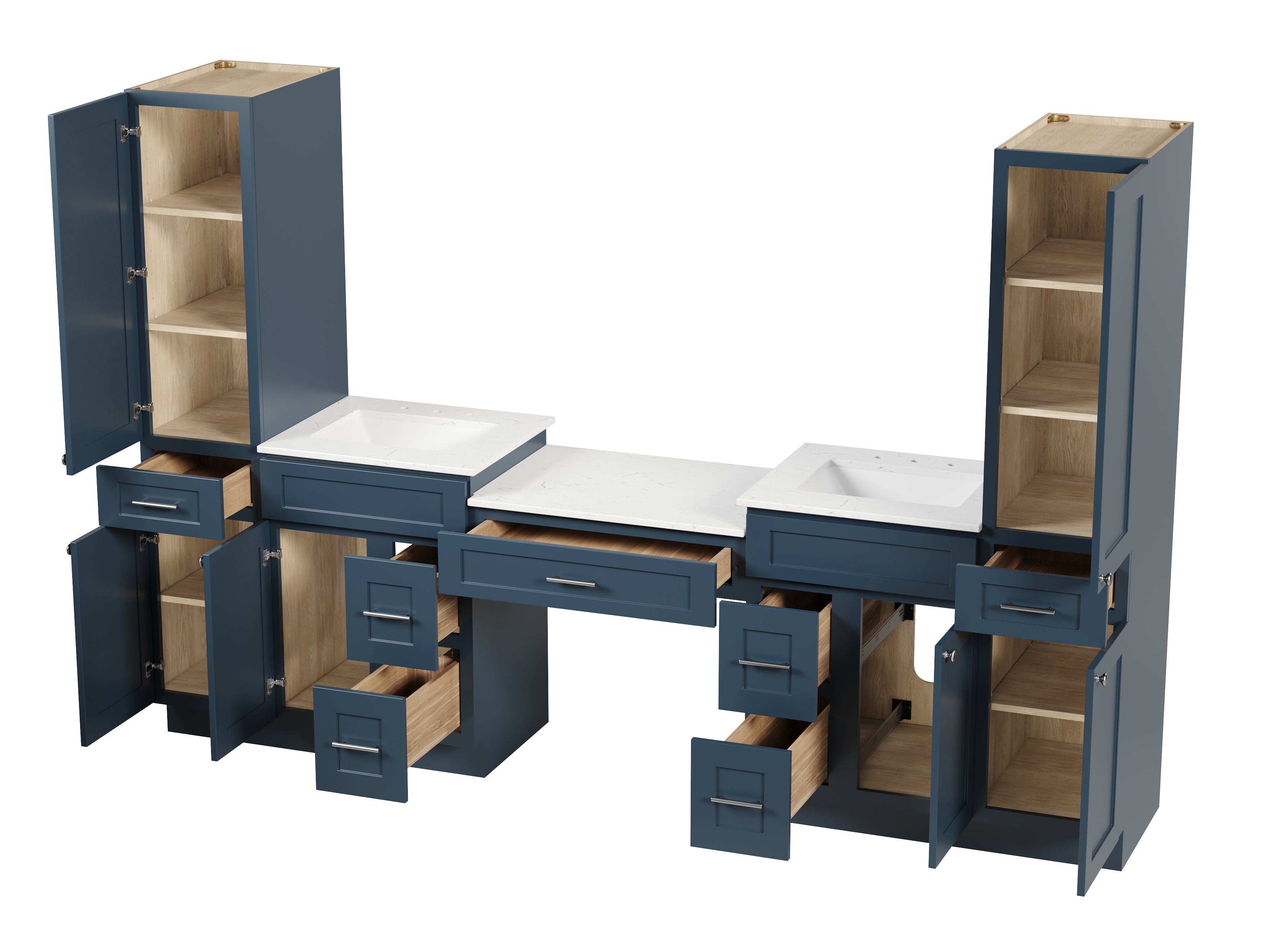 Disar 108'' Double Bathroom Vanity With Desk Linen Tall Cabinet Dovetail Solid Wood Drawer Carrara Quartz Top Drawer 7