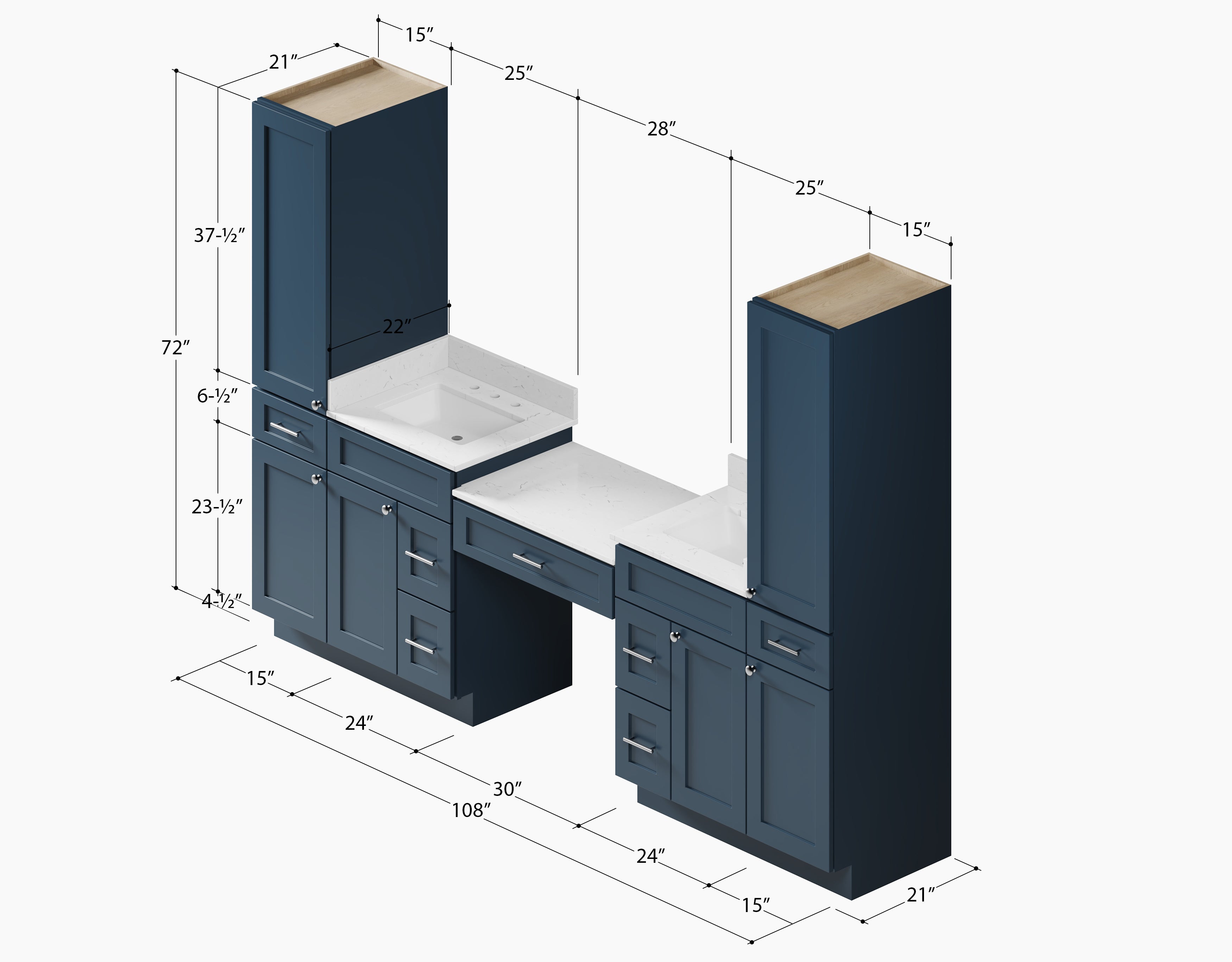 Disar 108'' Double Bathroom Vanity With Desk Linen Tall Cabinet Dovetail Solid Wood Drawer Carrara Quartz Top Drawer 7