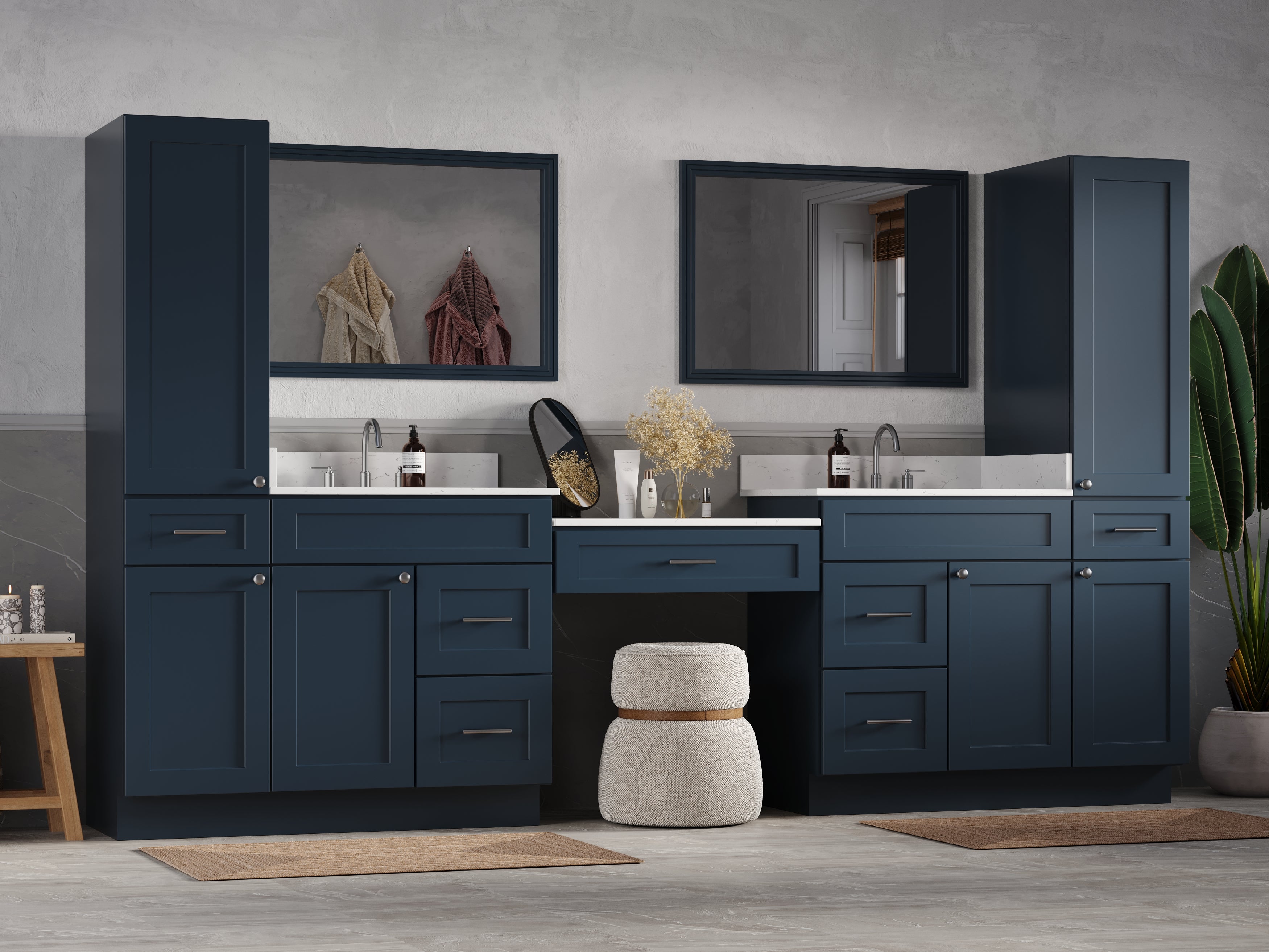 Disar 120'' Double Bathroom Vanity With Desk Linen Tall Cabinet Dovetail Solid Wood Drawer Carrara Quartz Top, Drawer 7