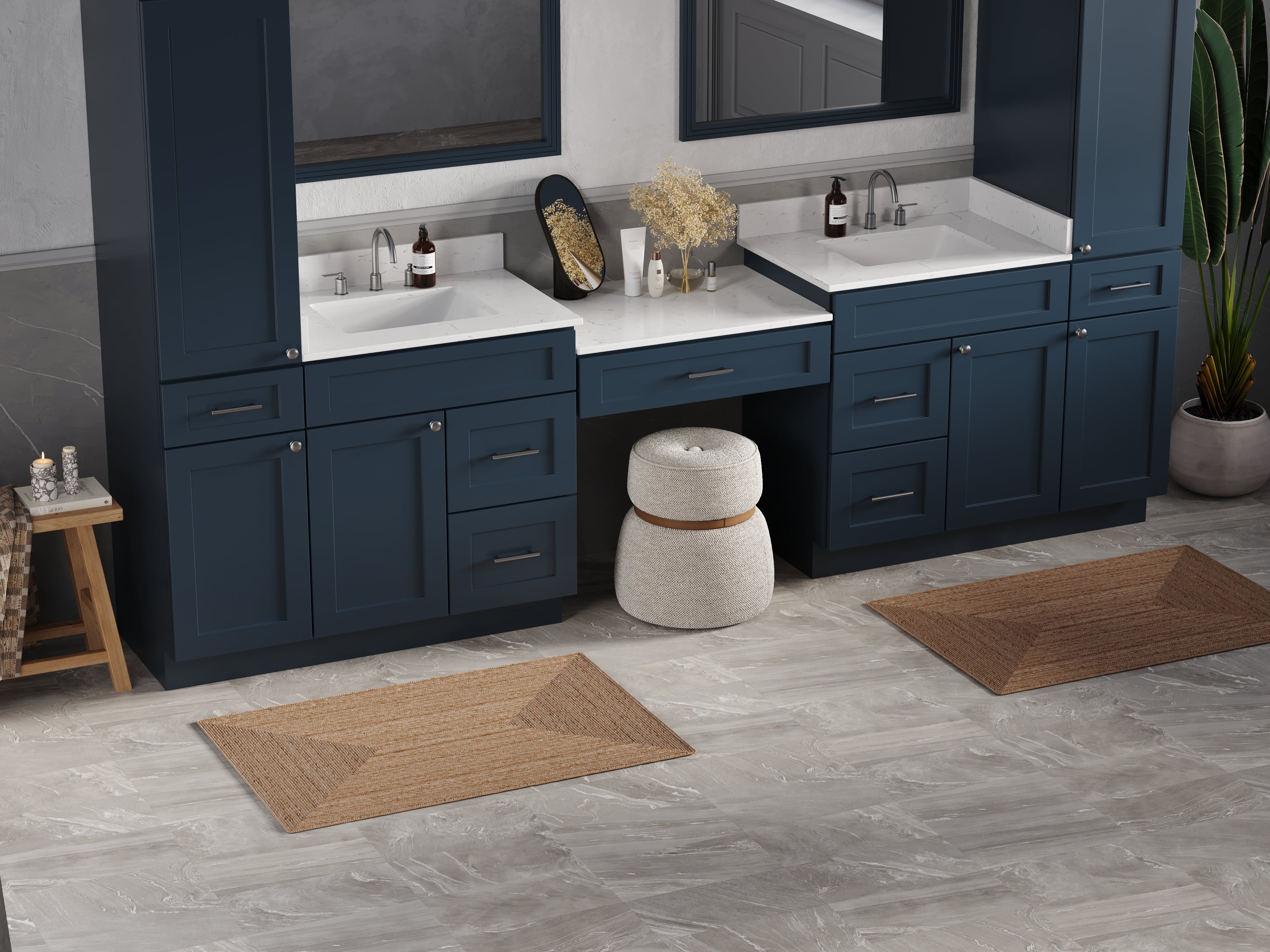 Disar 120'' Double Bathroom Vanity With Desk Linen Tall Cabinet Dovetail Solid Wood Drawer Carrara Quartz Top, Drawer 7