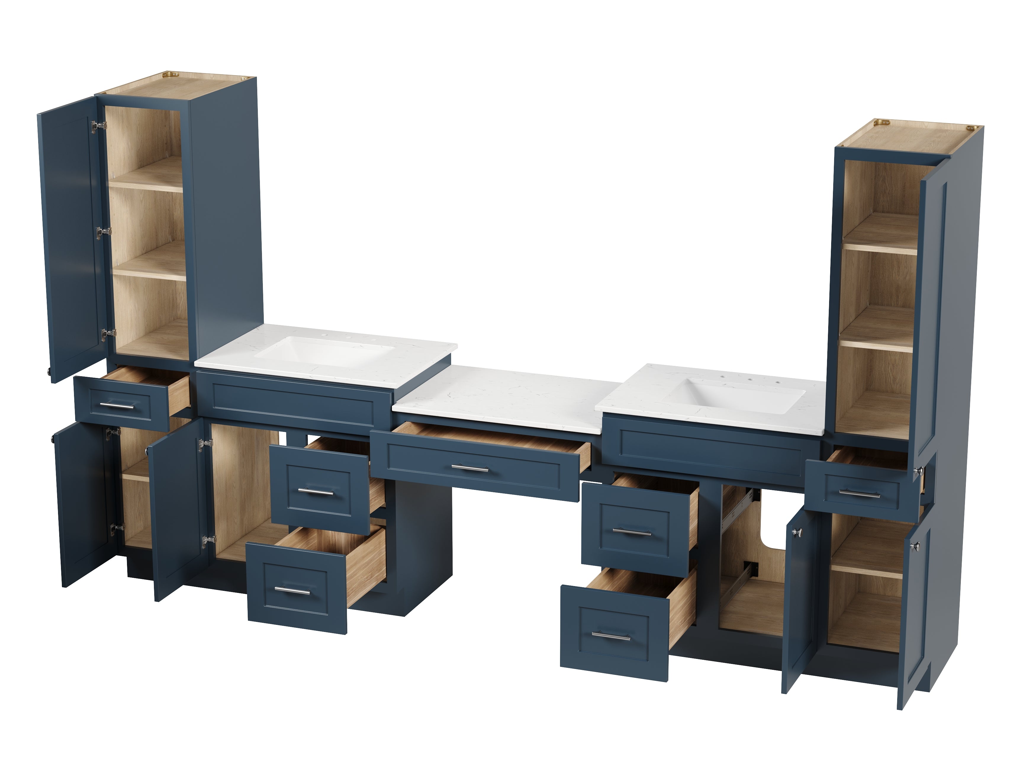 Disar 120'' Double Bathroom Vanity With Desk Linen Tall Cabinet Dovetail Solid Wood Drawer Carrara Quartz Top, Drawer 7